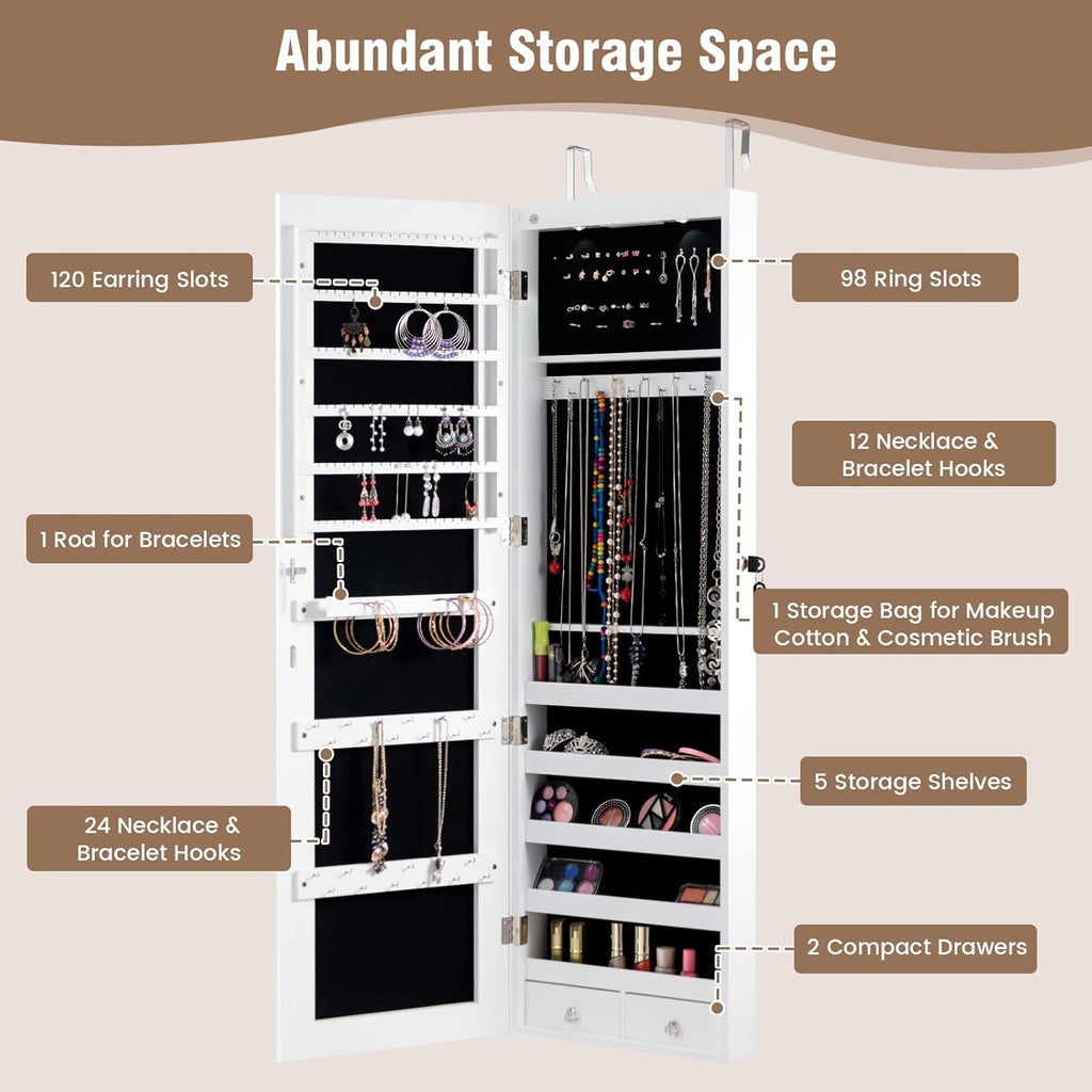 Moccha Wall Door Jewelry Armoire, Full Screen Jewelry Cabinet for Bedroom, Lockable Jewelry Cabinet, Jewelry Organizer Storage with 2 LED Lights and 2 Drawers, White