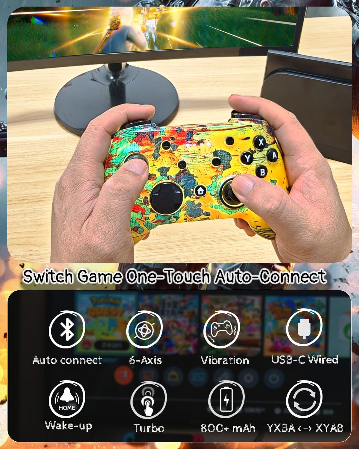 Wzuiсov RGB Wireless Game Controller for Switch/PC/iPhone/Android - Bluetooth & USB-C Wired with Phone Mount, USB C to A Adapter, Tablet, TV Box & Tesla Compatible