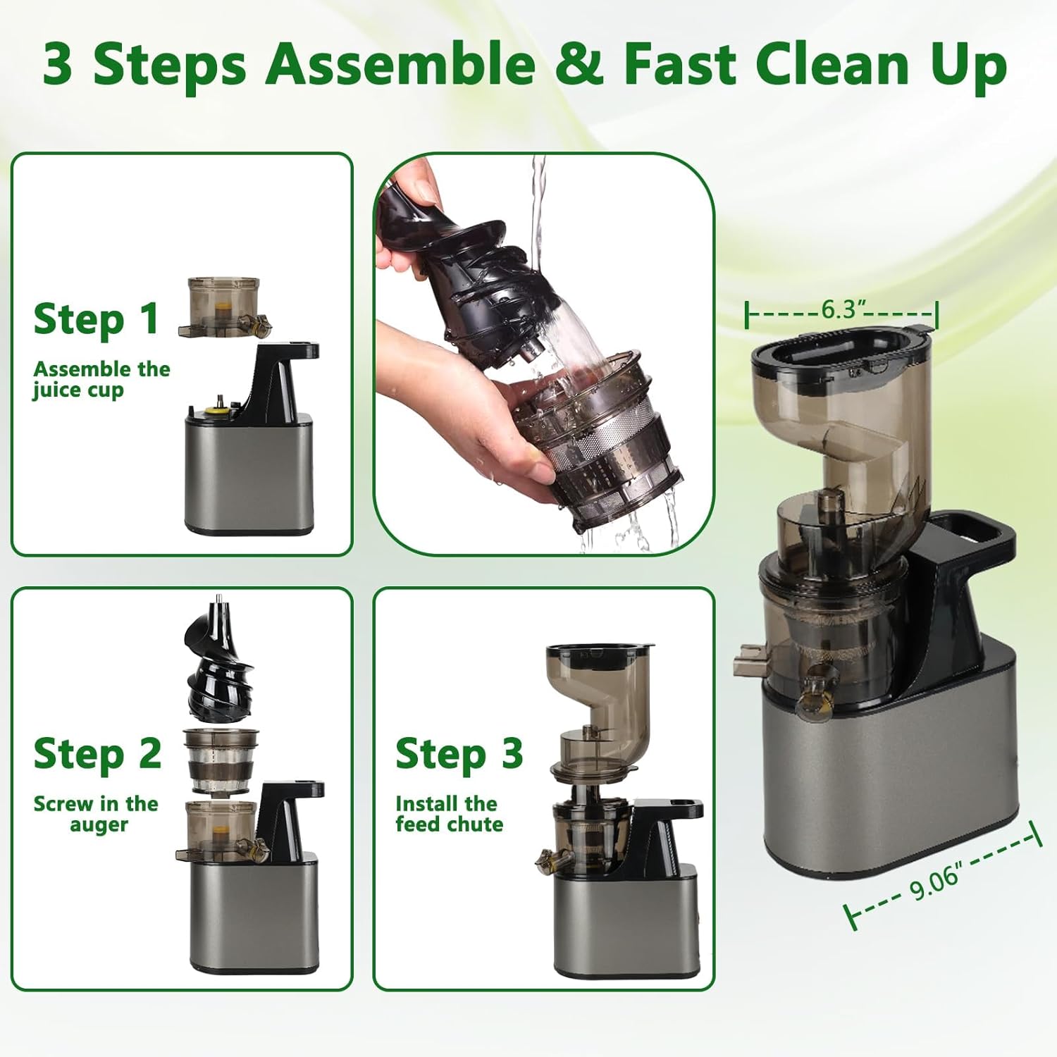 Cold Press Juicer,6.3" Wide Feed Chute Juice Extractor Machine,300W All-Copper Motor Slow Masticating juicer for Whole Vegetables & Fruits,Self Feeding for Juice Extractor Machine, High Juice Yield