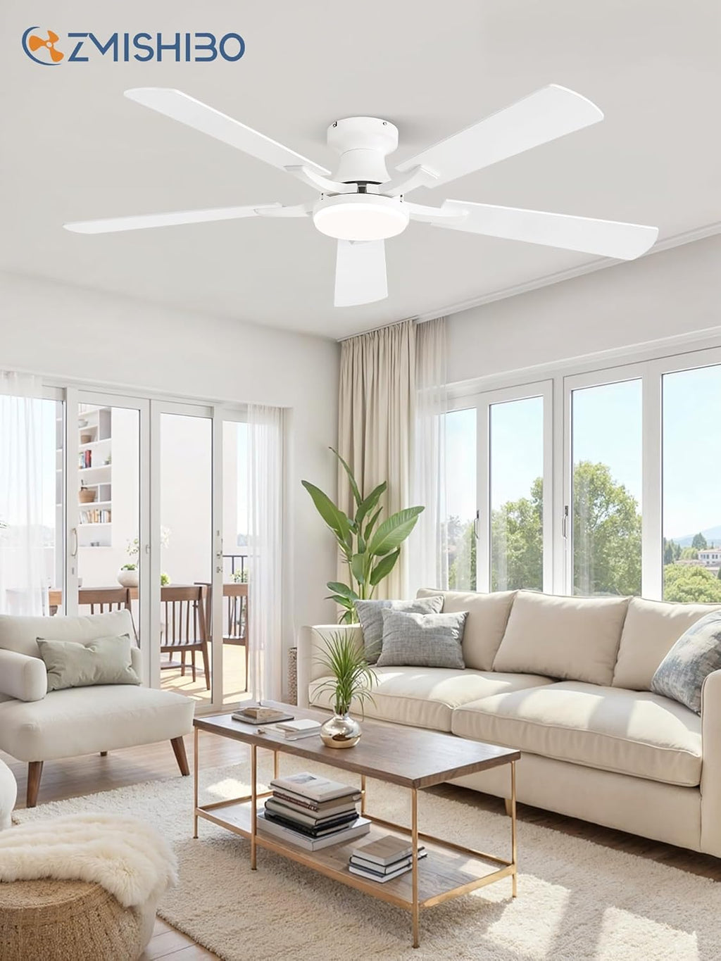 ZMISHIBO 52 Inch Ceiling Fan with Light, App&Remote Control, Flush Mount Low Profile, Dimmable 20W LED Light, Quiet Reversible Motor for Bedroom, Living Room, Apartment, White