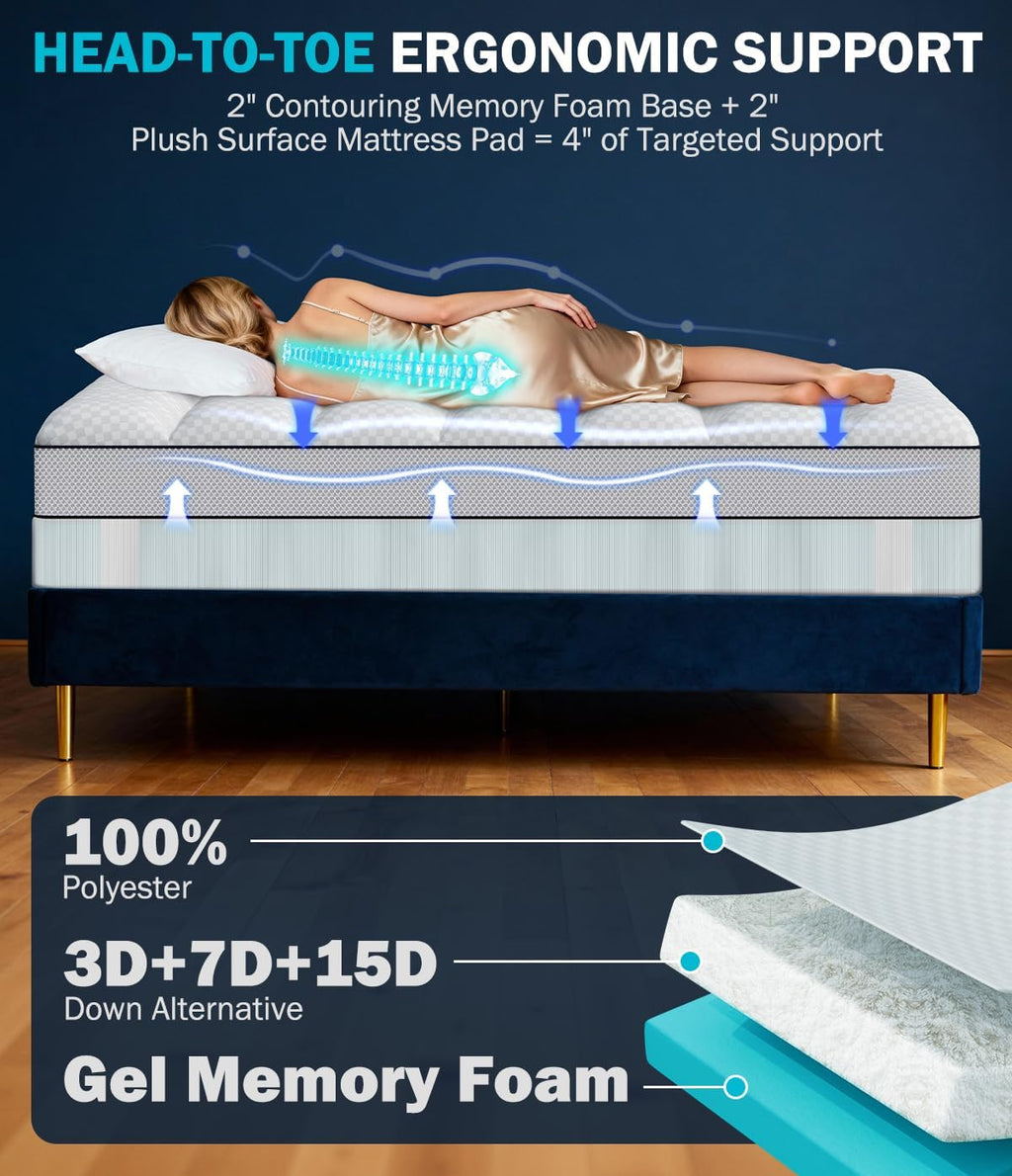 Dual Layer 4 Inch Memory Foam Mattress Topper King Size, 2" Cooling Gel Memory Foam & 2" Pillow Top Mattress Pad Cover for Back Pain Relief, Deep Elastic Pocket, Medium Support, White