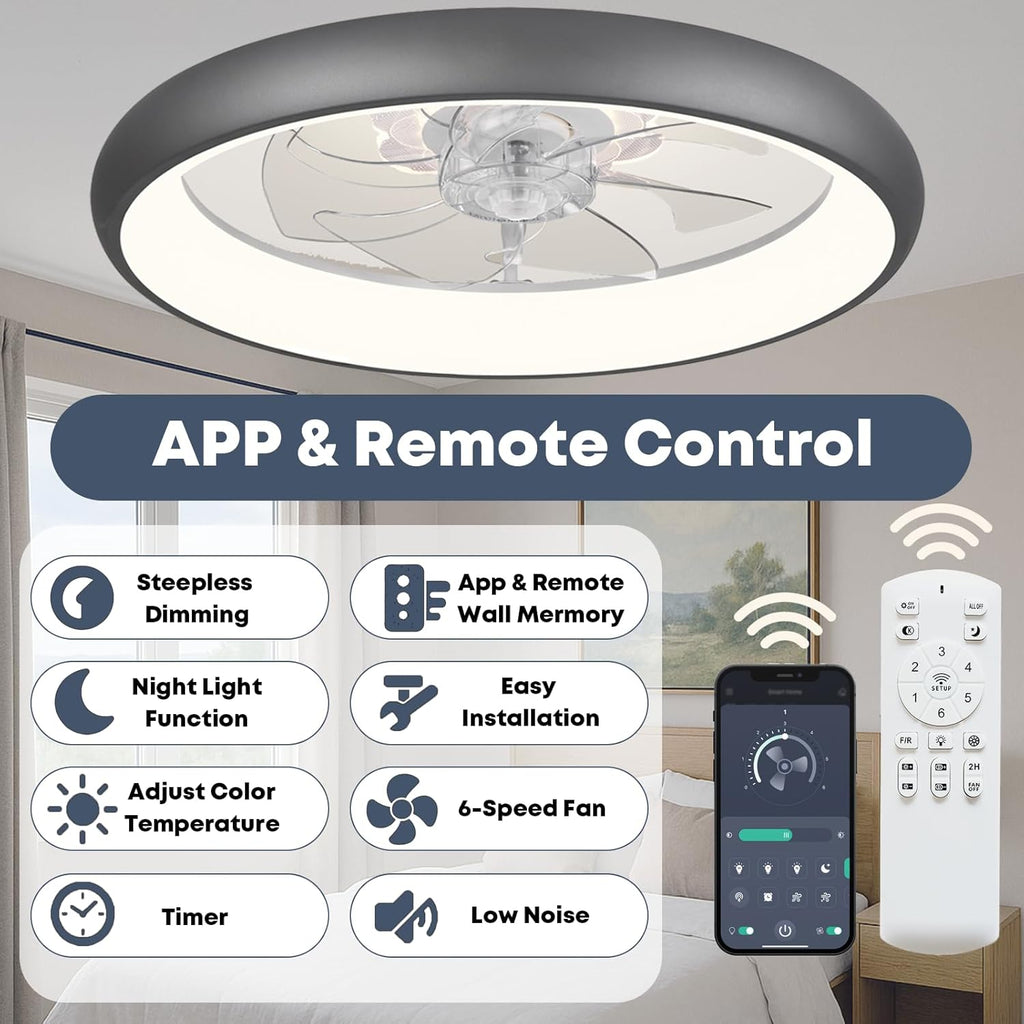 Fszdorj 20'' Ceiling Fan with Light, Upgraded Low Profile Fan, Flush Mount Ceiling Fan, 6 Speeds, Dimmable LED, App & Remote Control, Quiet DC Motor, for Bedroom, Living Room, F109 Grey