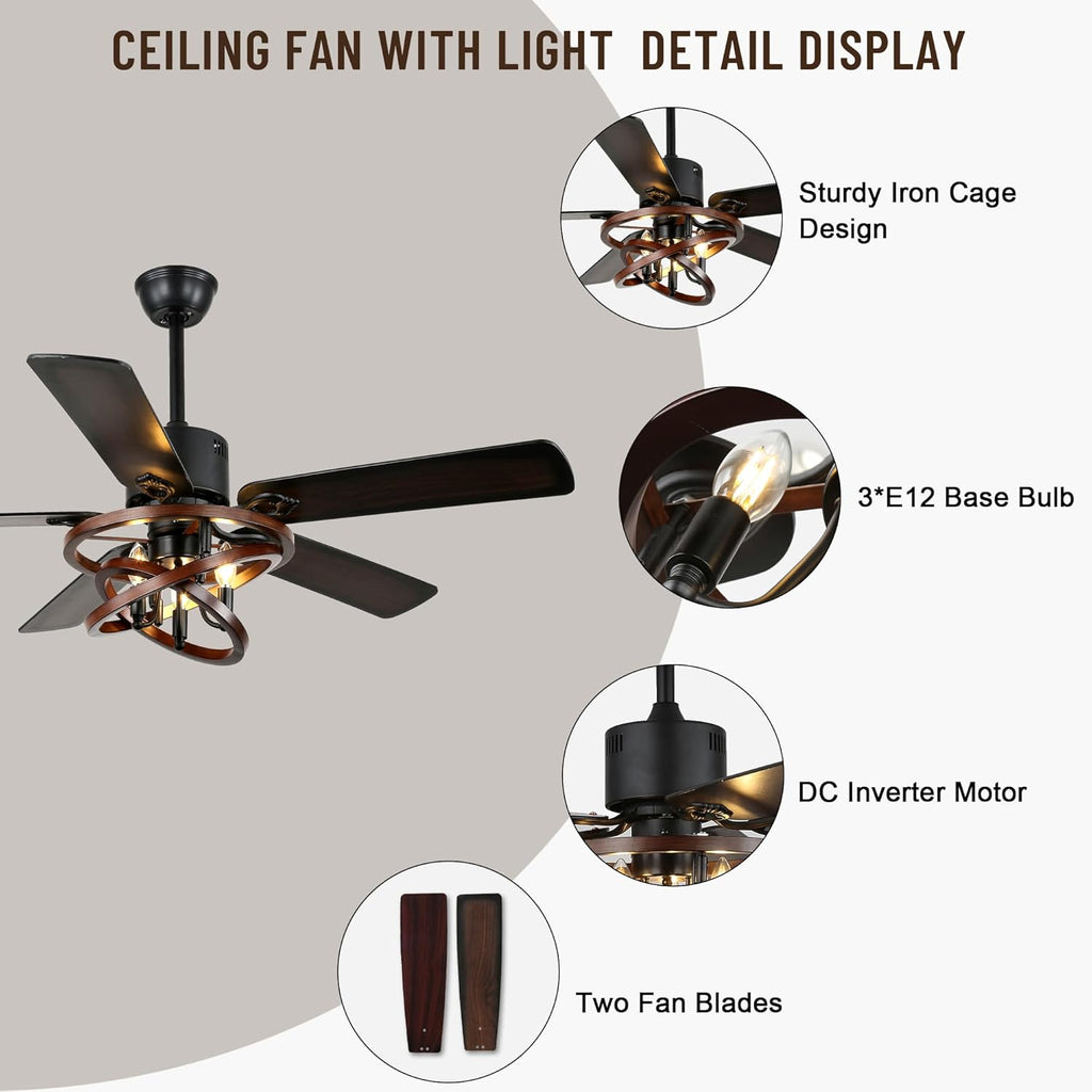 52" Ceiling Fan with Lights and Remote,Industrial Farmhouse Ceiling Fan with Adjustable Wood Grain Iron Cage,5 Reversible Dual-Color Blades,DC Quiet Motor,6 Speeds,Timer for Bedroom Living Room