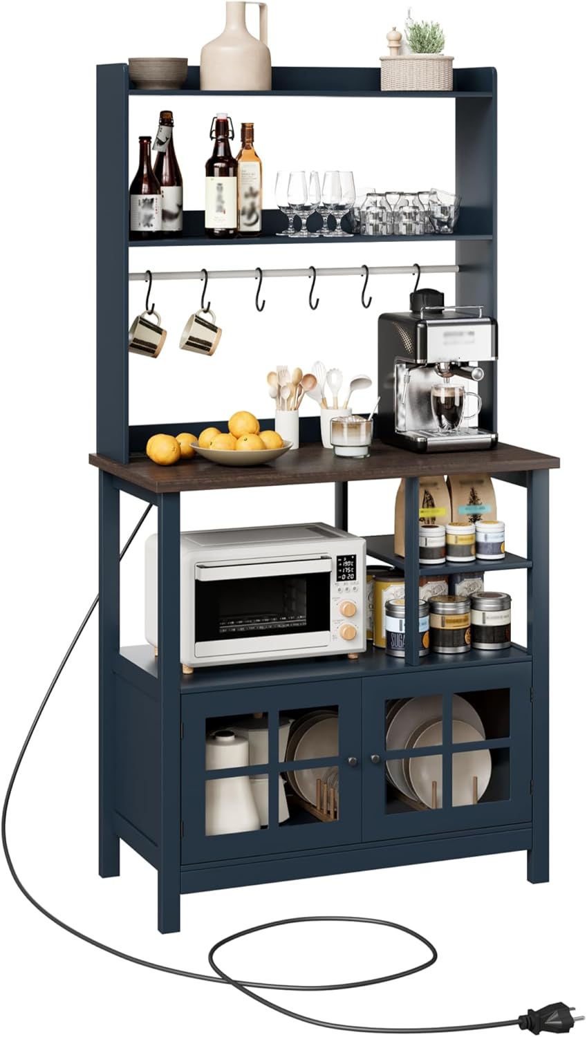 ChooChoo Farmhouse Coffee Bar Cabinet with Storage, Bakers Rack with Power Outlets, Microwave Stand Kitchen Cabinet with Hutch and 6 Hooks, Blue