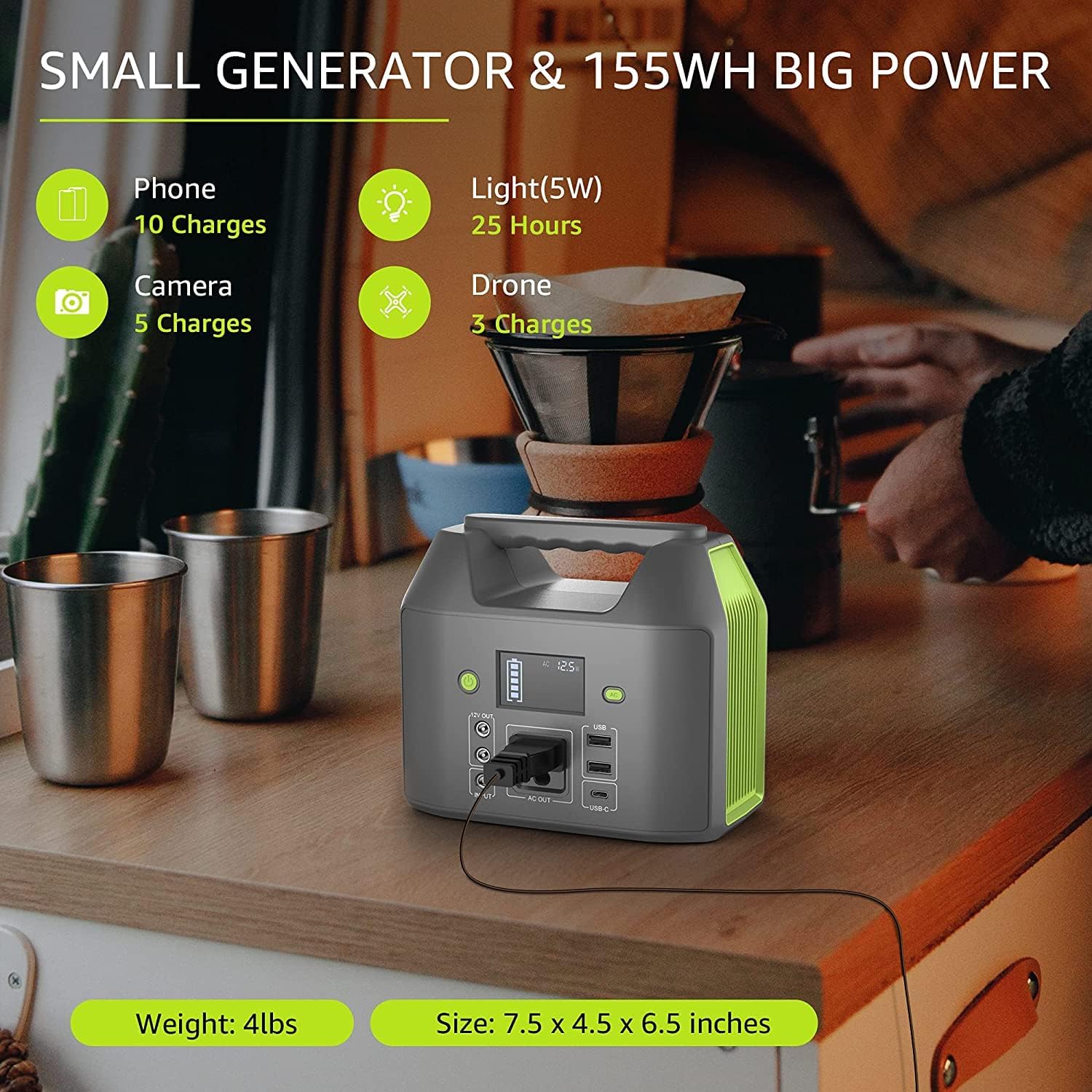EnginStar Portable Power Station, 150W 155Wh Power Bank with 110V AC Outlet, 6 Outputs External Battery Pack Portable Backup Battery Laptop Charger with LED Light for Home Camping