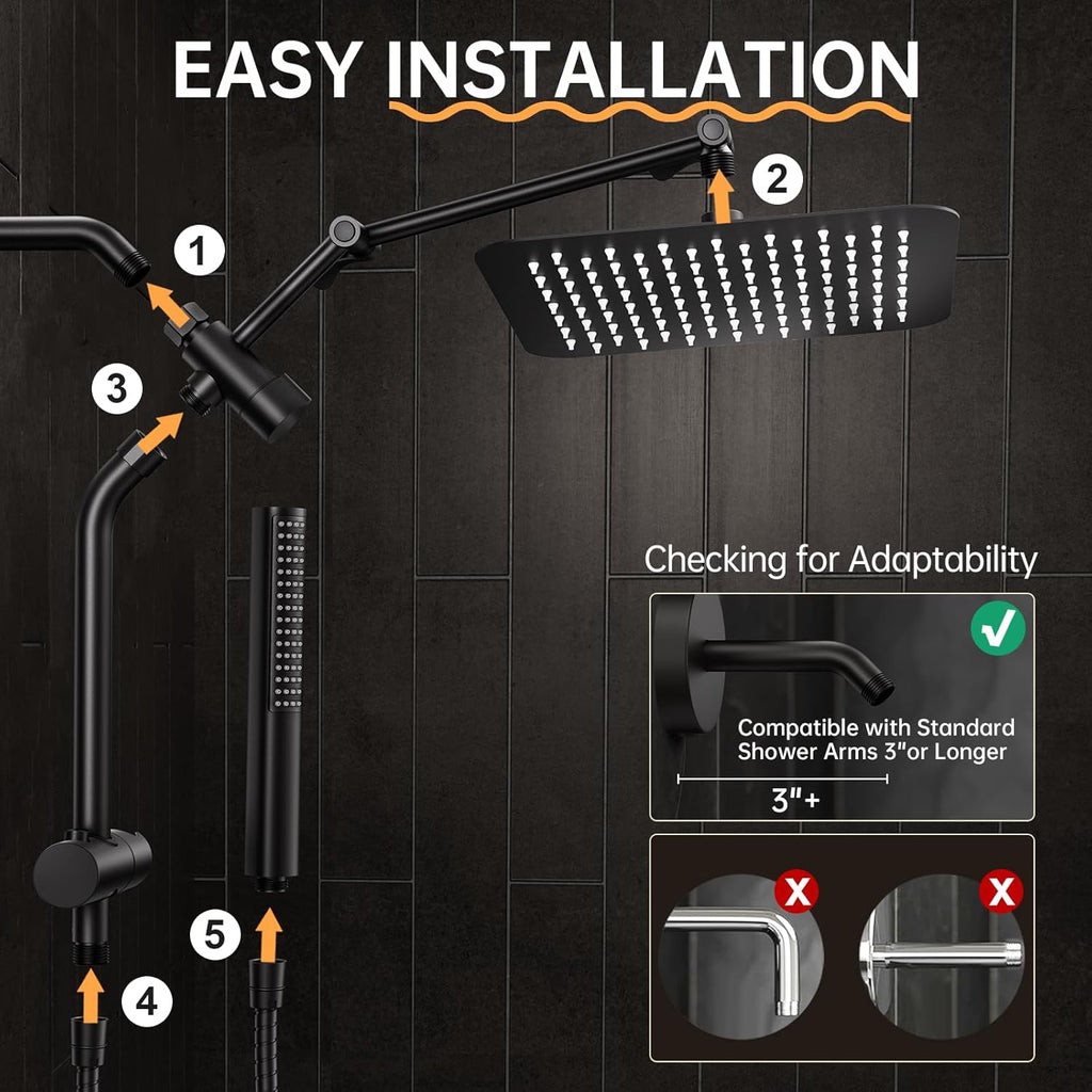 Veken All Metal 10" Black Shower Head with Handheld, Luxurious Square Double Rain Shower Heads with Power Wash Hand Held,Dual High Pressure Detachable Rainfall Showerhead with Arm,Bathroom,Matte Black