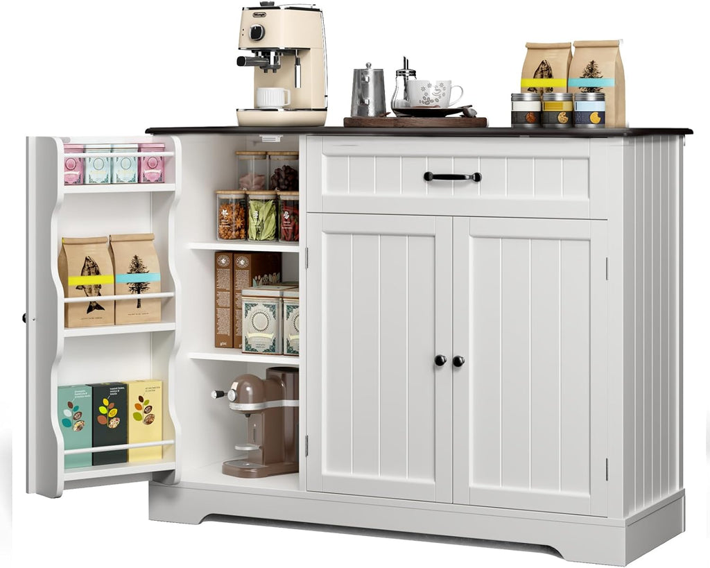 Gizoon Kitchen Coffee Bar Cabinet with Storage Kitchen Sideboard Buffet Cabinet with Drawers, Short Pantry with Door and Shelves for Bathroom and Living Room, White and Black