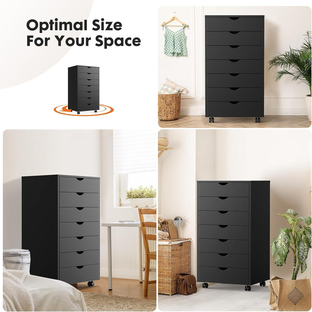 OLIXIS 7 Drawer File Cabinet, Mobile Filing Cabinet Under Desk Storage Organization with Wheels, Vertical Filing Chest Rolling Wood Small Desk Printer Stand for Home Office, Dark