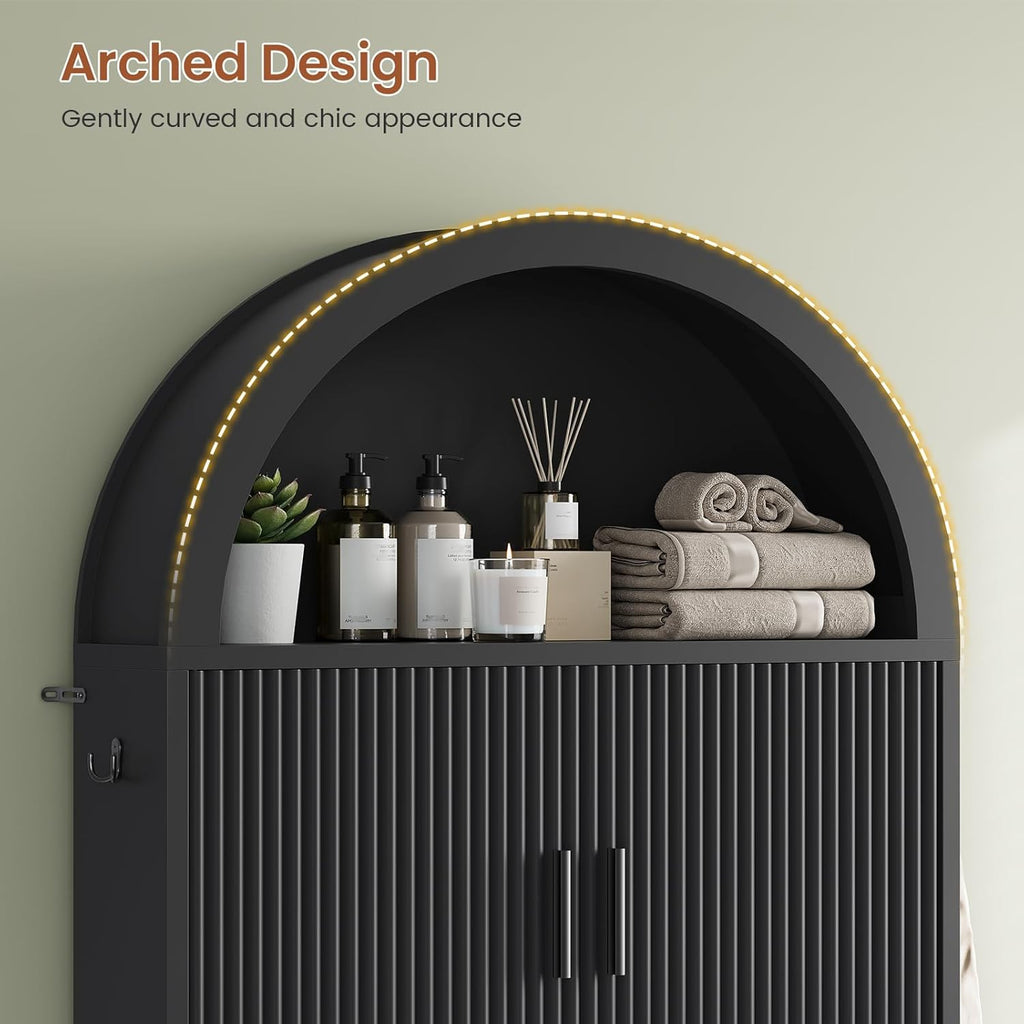 Itaar Arched Over The Toilet Storage Cabinet, 78.7" H Fluted Bathroom Organizer with Reversible Side Cabinet, Adjustable Shelves, Anti-Tipping, Hooks & Paper Holder for Bathroom Laundry Room, Black