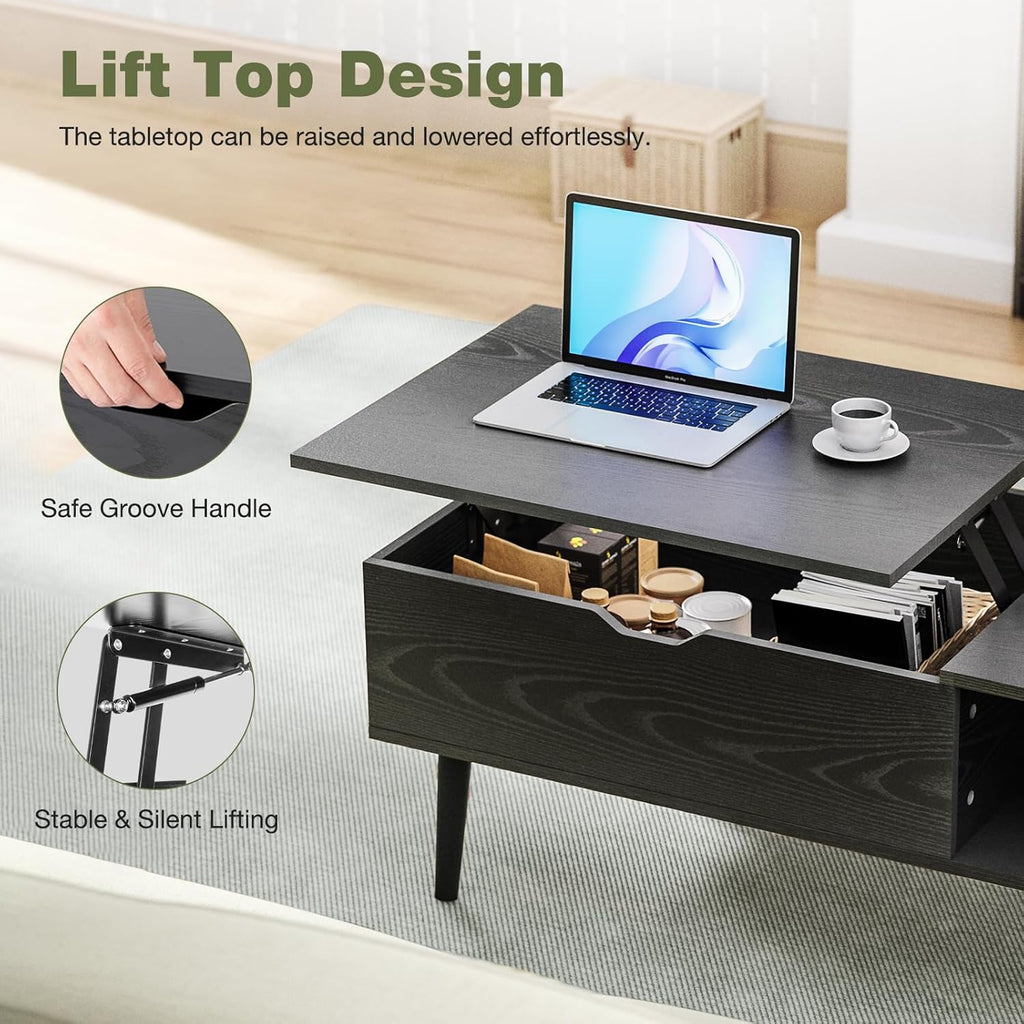 OLIXIS Wood Lift Top Coffee Table with Hidden Compartment and Large Storage Shelf, Lift Tabletop Dining Center Table for Home Living Room Office, Black
