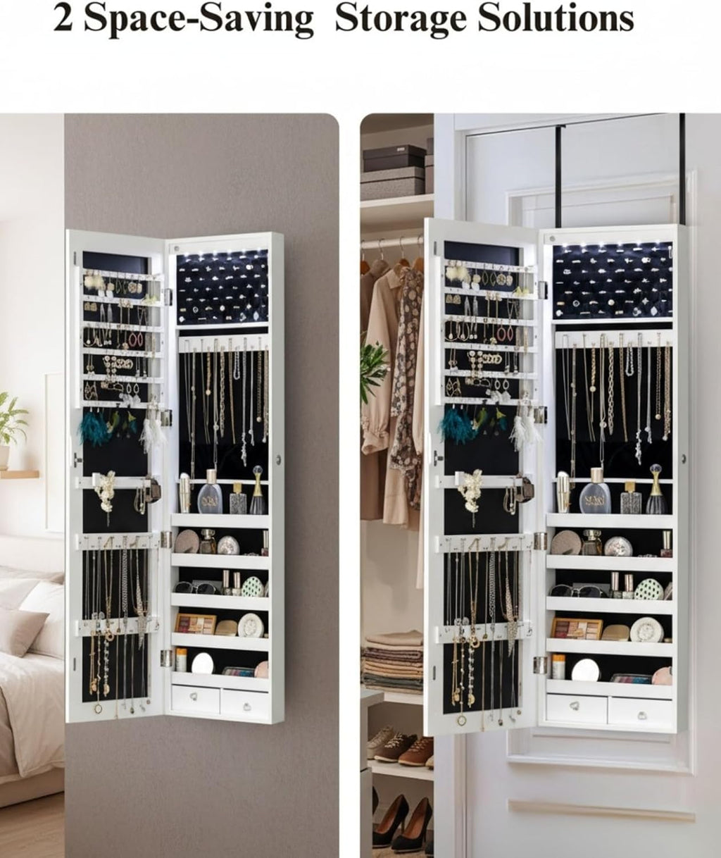 BTEXPERT 47" Mirror Jewelry Cabinet Armoire with 6 LED Lights, Large Full Length Jewelry Organizer with Storage, Wall-Mounted or Door-Hanging Mirror Cabinet, Dove White, Lock Key