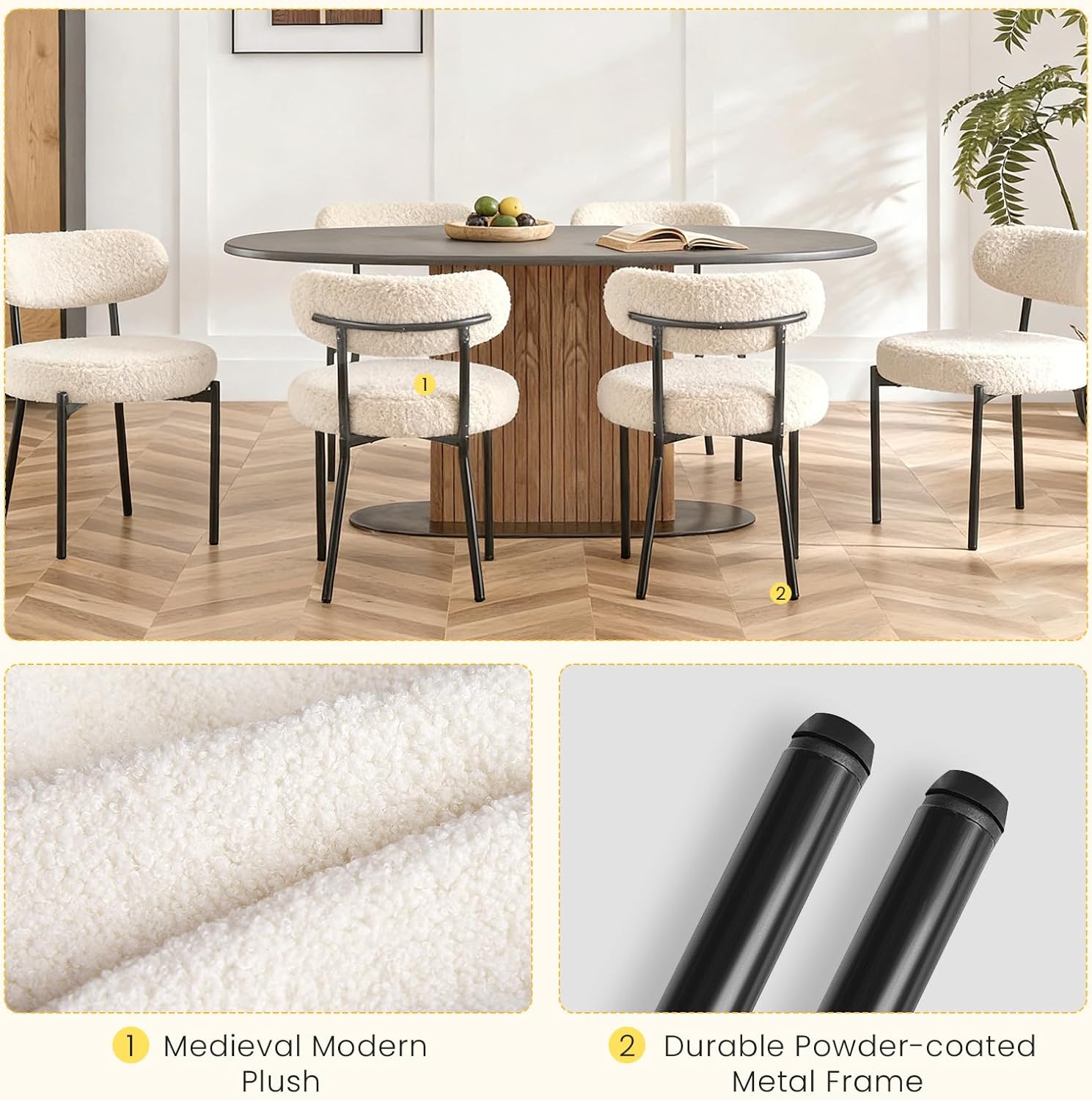 DUMOS Dining Chairs Set of 4, Mid Century Modern Chair Round Upholstered Curved Backrest, Kitchen Vanity Living Room Chairs with Black Metal Legs，Light Beige