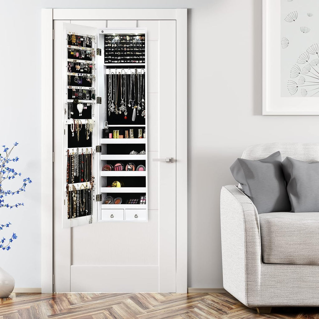 Moccha Wall Door Jewelry Armoire, Full Screen Jewelry Cabinet for Bedroom, Lockable Jewelry Cabinet, Jewelry Organizer Storage with 2 LED Lights and 2 Drawers, White