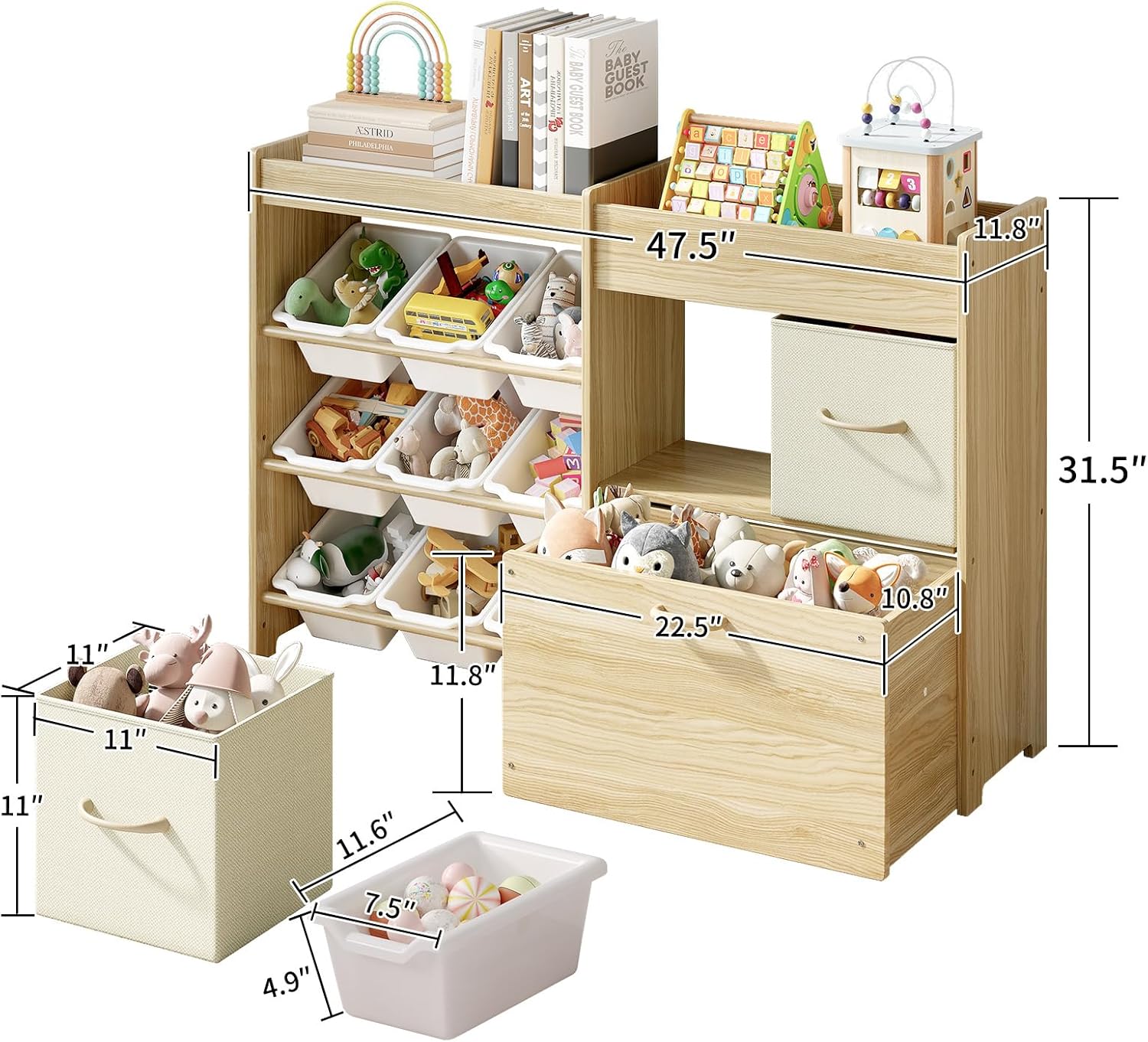 EXPERLAM Toy Storage Organizer for Kids, 9-Bin Toy Organizer with 2-Drawers, Movable Toy Chest and Top Rack, Multifunctional Kids Bookshelf and Toy Storage for Playroom, Bedroom, Nursery, White