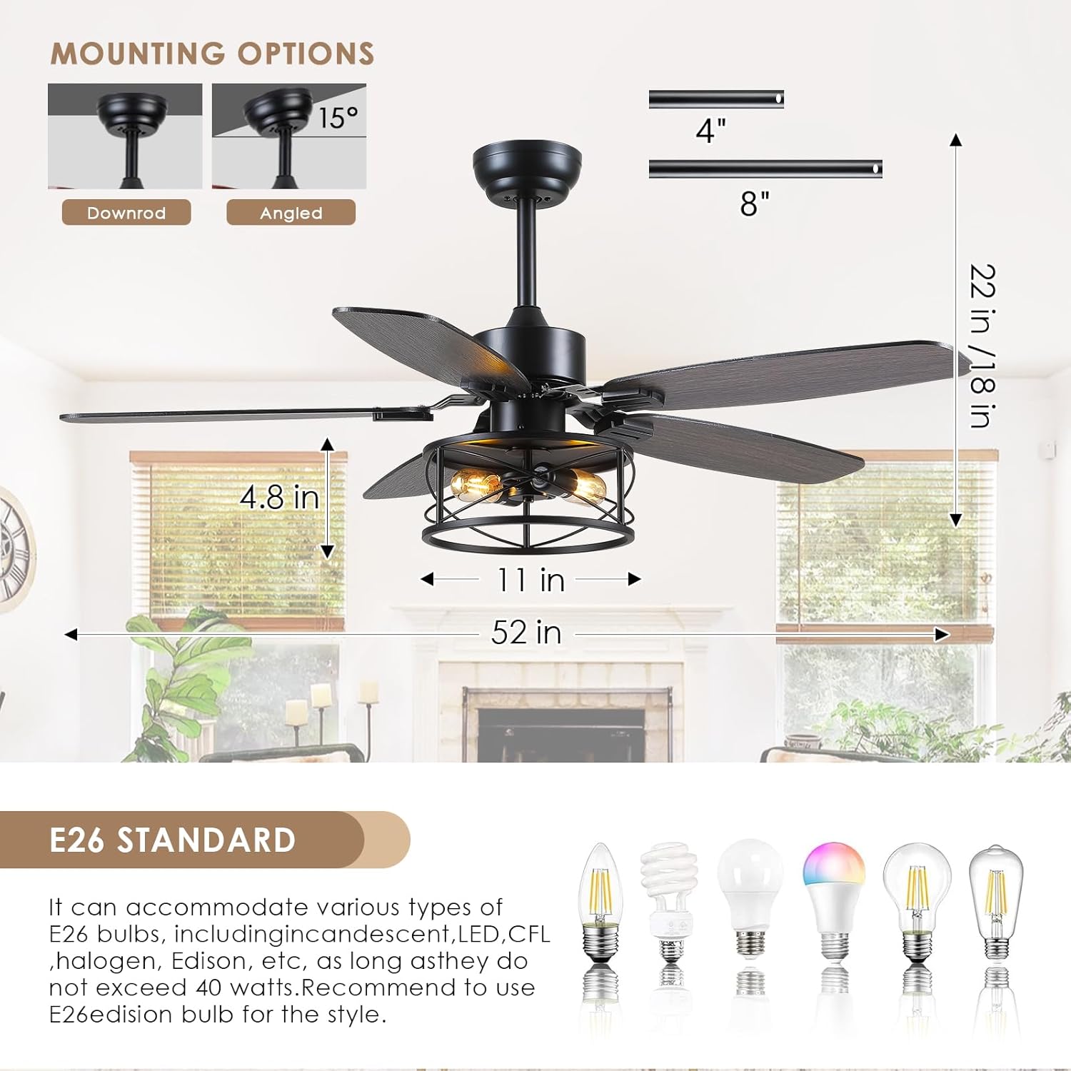 Hounberi 52" Caged Ceiling Fan with Lights and Remote, Downrod Rustic Ceiling Fans, 6-Speed Reversible, 5 Dual-Finish Blades, E26*2 Blub Base + Black Metal Lampshade for Bedroom Living Room