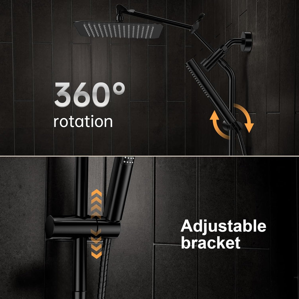 Veken All Metal 10" Black Shower Head with Handheld, Luxurious Square Double Rain Shower Heads with Power Wash Hand Held,Dual High Pressure Detachable Rainfall Showerhead with Arm,Bathroom,Matte Black
