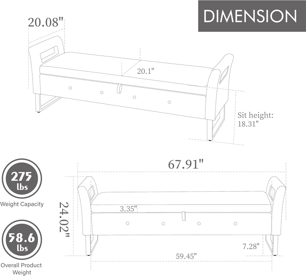 GDFStudio Velvet Storage Bench with Hidden Compartment - Upholstered Ottoman for Entryway, Bedroom, Living Room - Soft Foam Cushion, Sturdy Silver Metal Legs, Easy Assembly - Beige Storage Seat