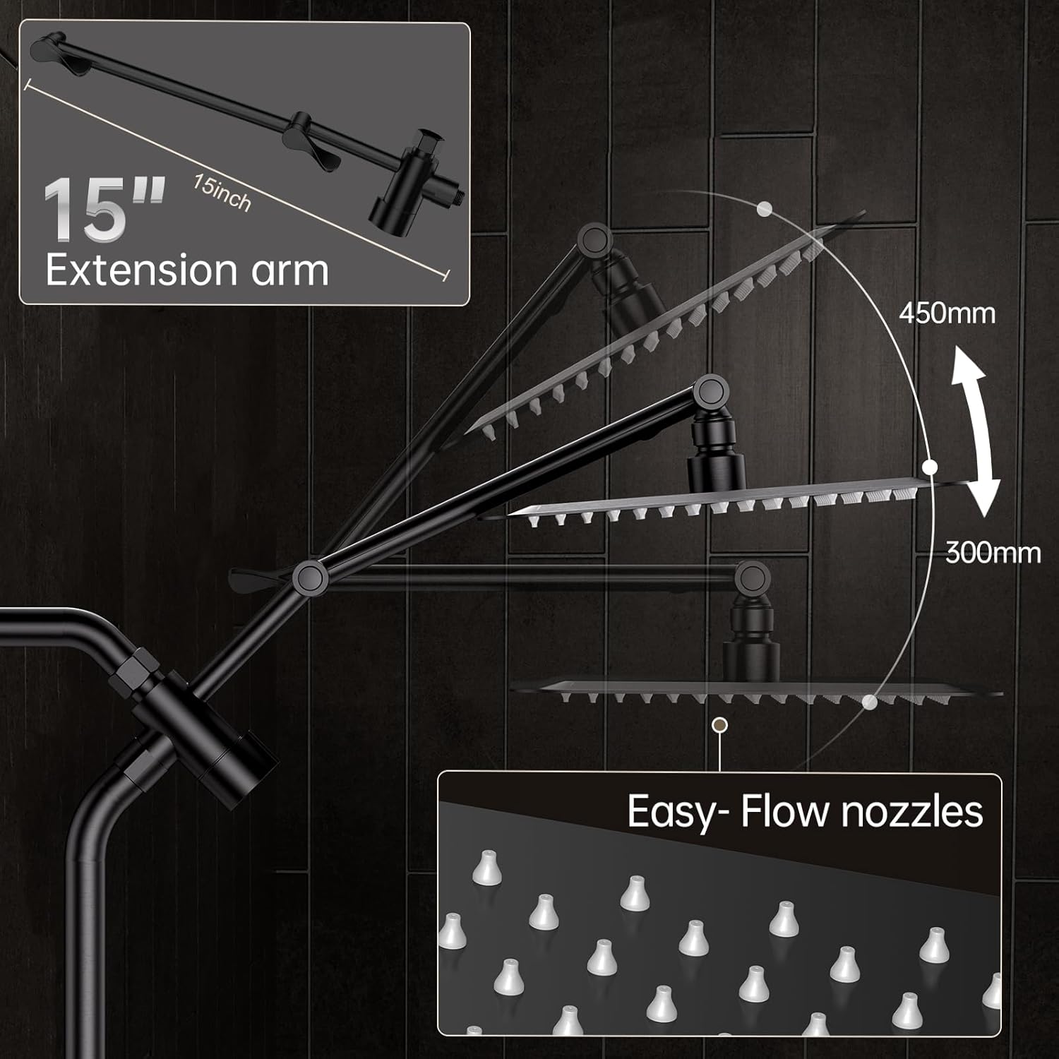 Veken All Metal 10" Black Shower Head with Handheld, Luxurious Square Double Rain Shower Heads with Power Wash Hand Held,Dual High Pressure Detachable Rainfall Showerhead with Arm,Bathroom,Matte Black