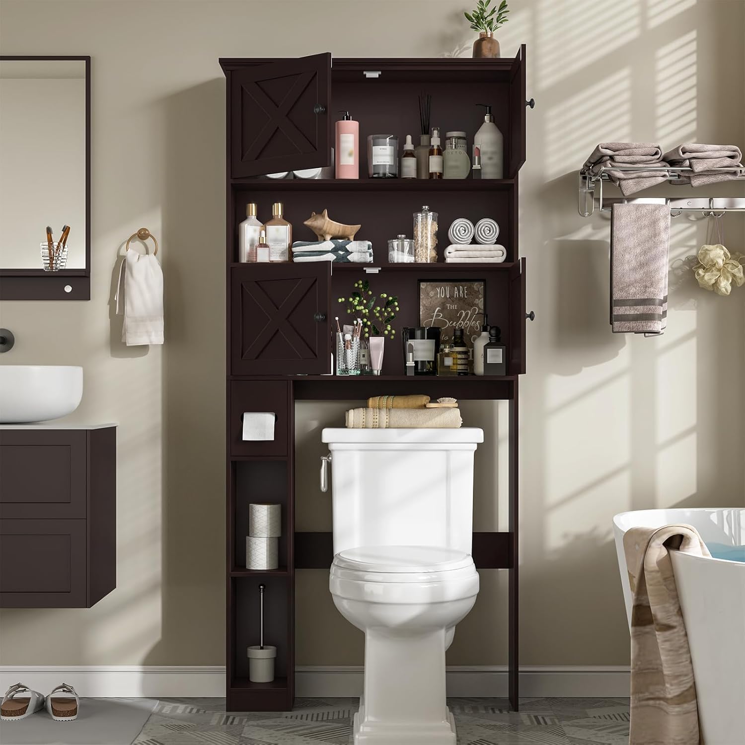 Halitaa Over The Toilet Storage Cabinet, Farmhouse Storage Cabinet Over Toilet with 4 Barn Doors & Toilet Paper Holder Stand, Espresso Toilet Shelf Home Space Saver for Restroom, Bathroom, Laundry