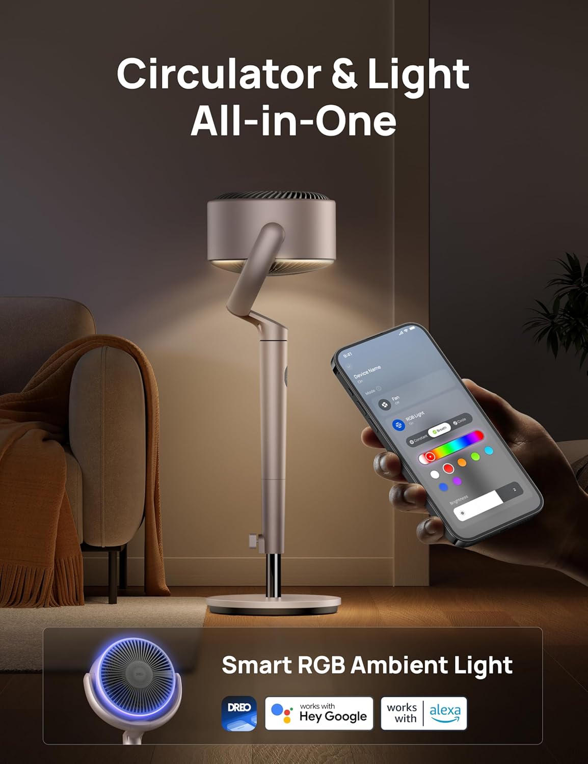 DREO Smart Fans for Bedroom, 120° +120° Omni-Directional Oscillating Fan, 100ft Quiet Pedestal Fan with RGB Light, 9 Speeds, 6 Modes, 20dB, 8H Timer, Wi-Fi/Voice, 35-40" Floor Fans, Starlight