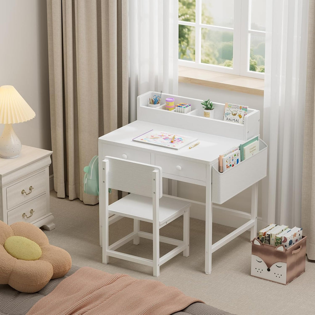 BOLUO White Kids Desk and Chair Set for 5-8 Year Old, Small Child Desk with Fabric Drawer, Children Study Table with Storage Girls Boys