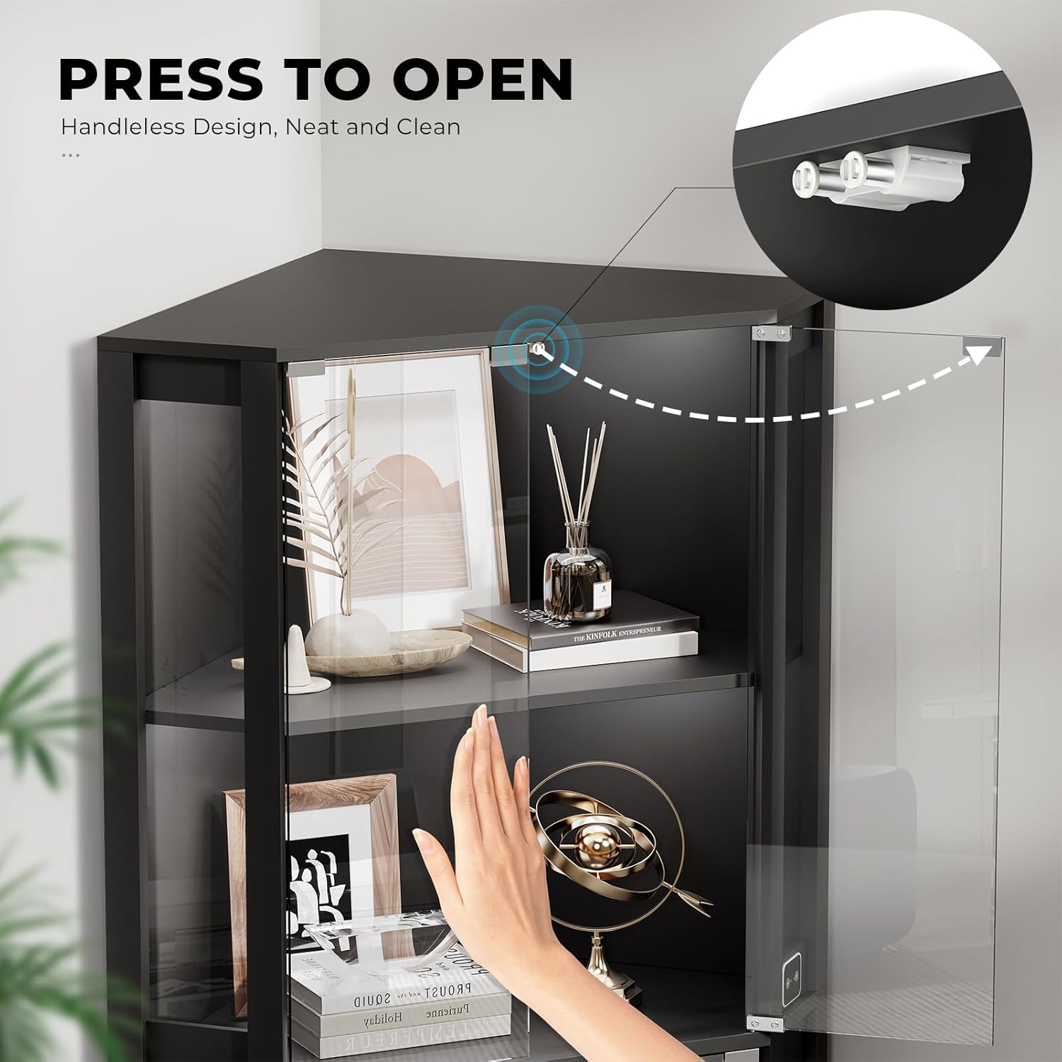 BROTTAR Corner Display Cabinet with Glass Doors, 65" Lighted Curio Cabinet with 3 Color LED Lights for Collectibles, 4-Tier Showcase Display Case with Human Body Sensor for Toys, Books, Black