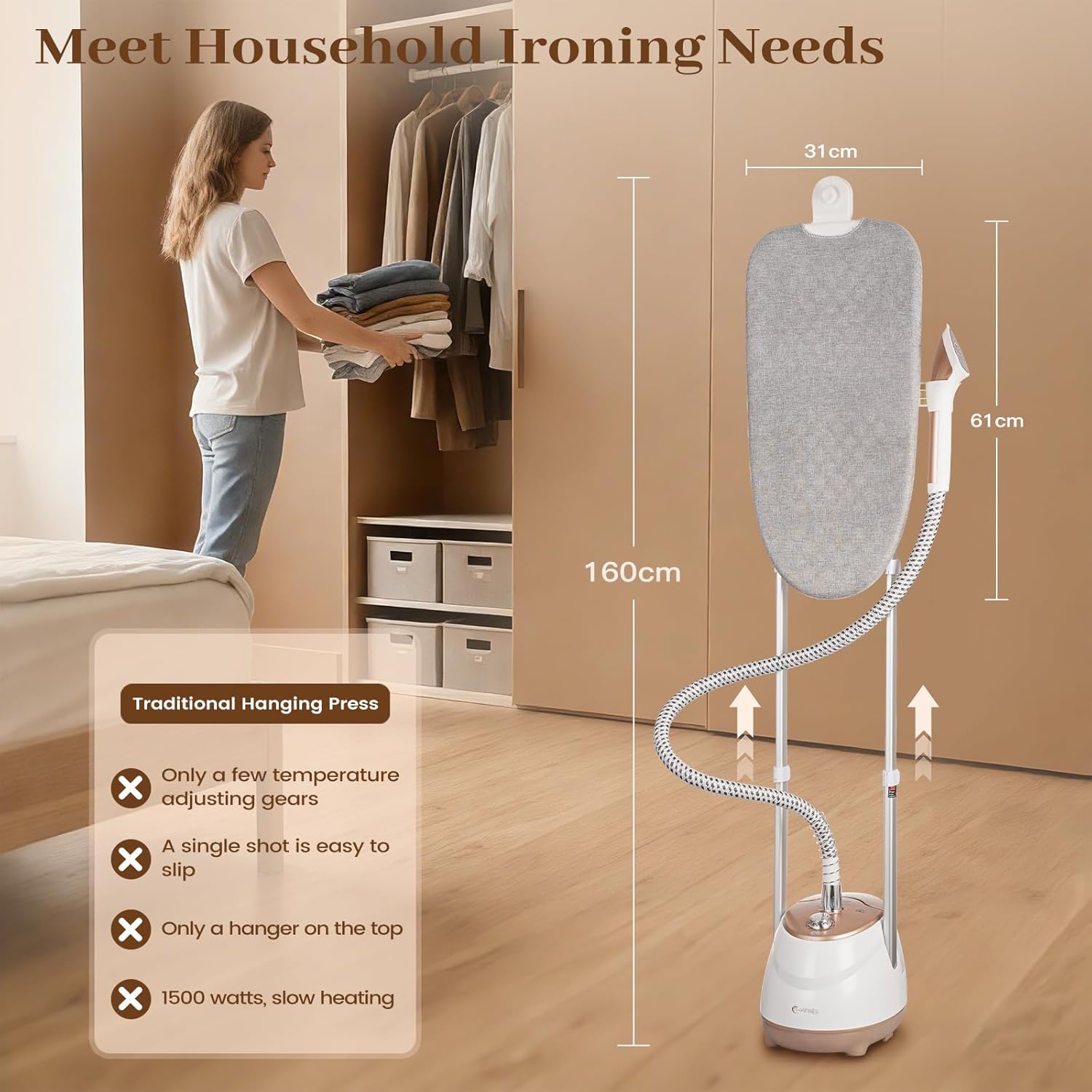 HAPAIS Steamer for Clothes,1800W Standing Garment Steamer 30s Fast Heat,90° Rotating Ironing Board,2L Tank for All Fabrics like Silk,Heavy Duty Double Pole Professional Clothes Steamer for Family
