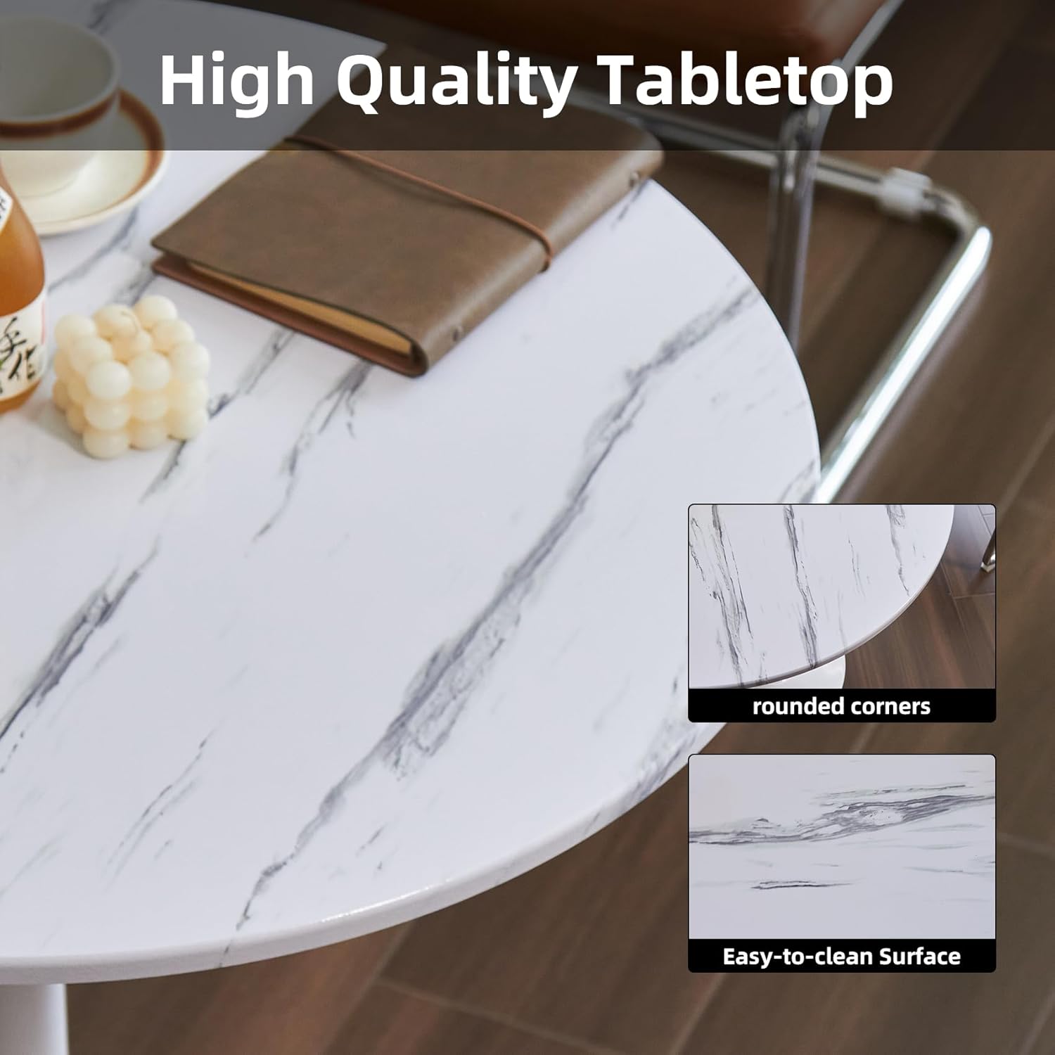 Round Dining Table, 31.5" Circle Tulip Table with Thickened Tabletop & Metal Pedestal, Mid Century Modern Bistro Table for Kitchen, Small Places, Living Room, Cafe (Marble Pattern White)