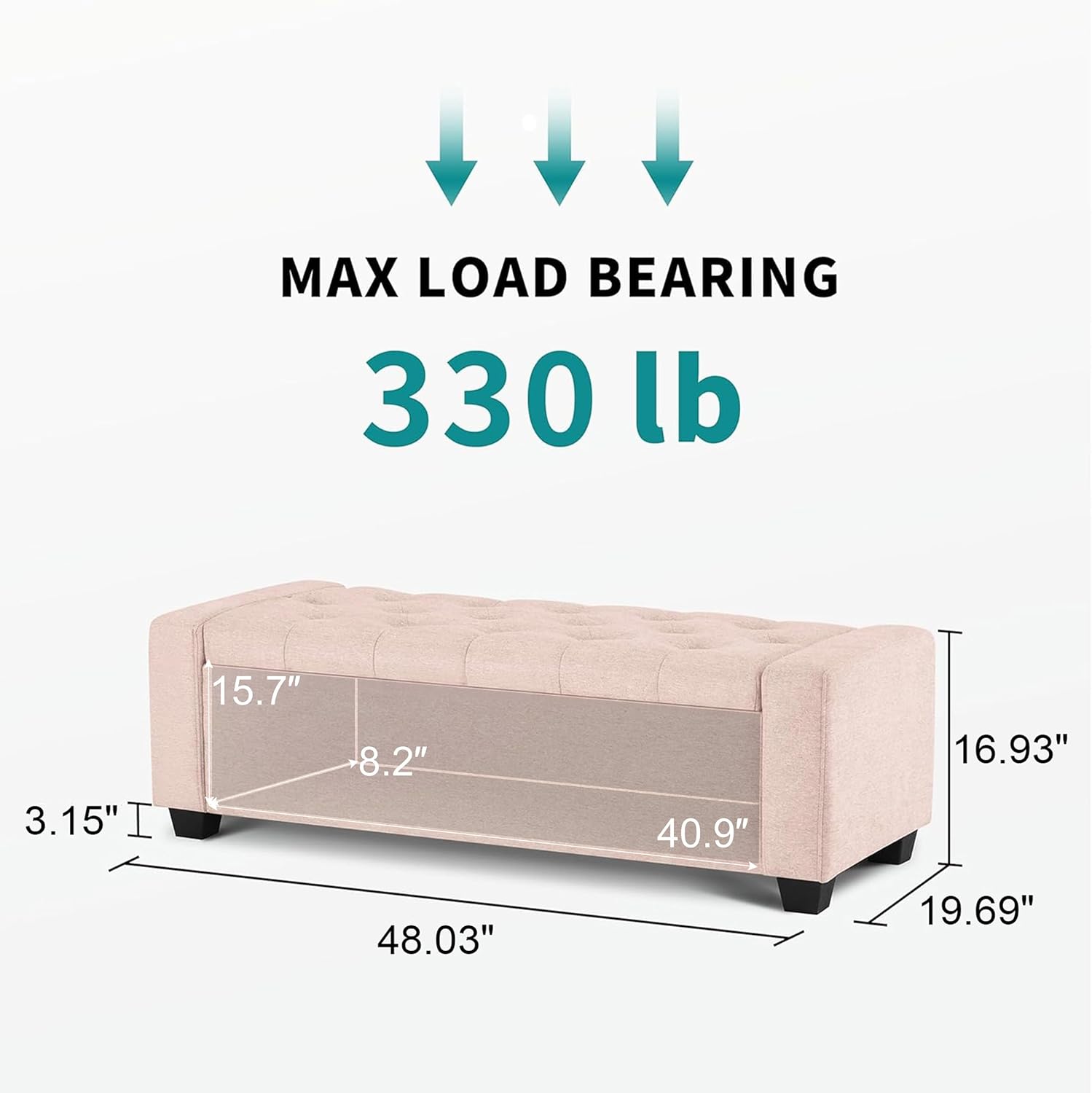 Huatean Home 48" Ottoman with Storage, Pink Storage Ottoman Bench with Safety Hinge, Upholstered Entryway Bench with Seating for Bedroom, Living Room, Holds up to 330 lb