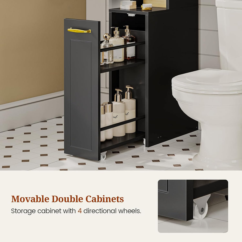 UPOSOJA Over The Toilet Storage Cabinet with Pulley Small Bathroom Storage Cabinet, Space Saver W/Adjustable Shelf & Open Shelf for Bathroom, Restroom, Laundry (Black)