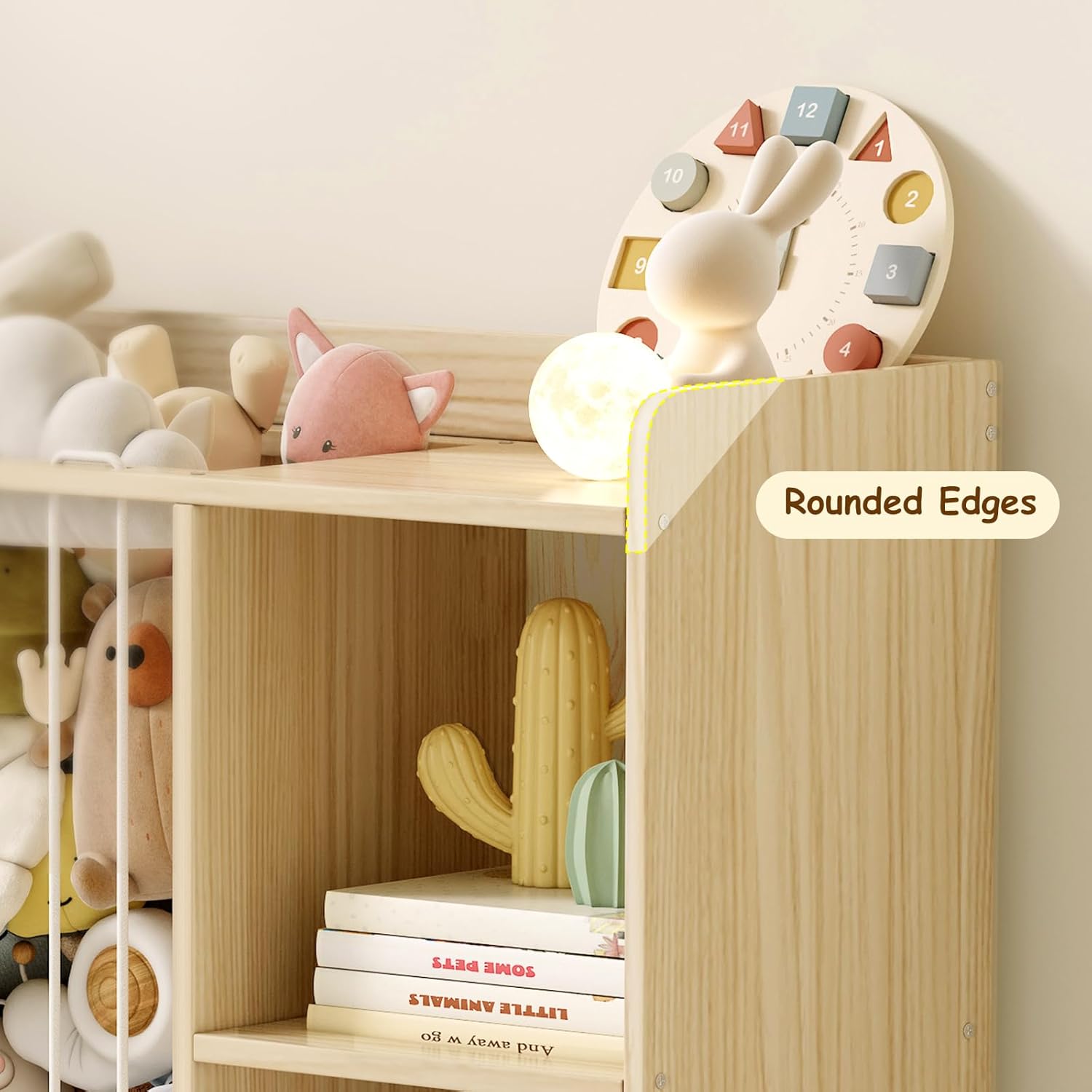 Toy Storage Organizer with Stuffed Animal Storage, Solid Pine Wooden Toy Organizer & Stuffed Animal Zoo, 4 Cubes Shelf with 2 Movable Drawers, 4 -in-1 Book Shelf for Kids Room, Playroom, Nursery