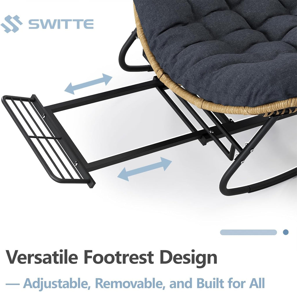 SWITTE Outdoor Rocking Chair with Footrest, Oversized Patio Papasan Rocker, Comfy Wicker Reading Lounge, Indoor Bed-Like Egg Chair for Bedroom,Balcony, Porch, Garden, Heather Gray