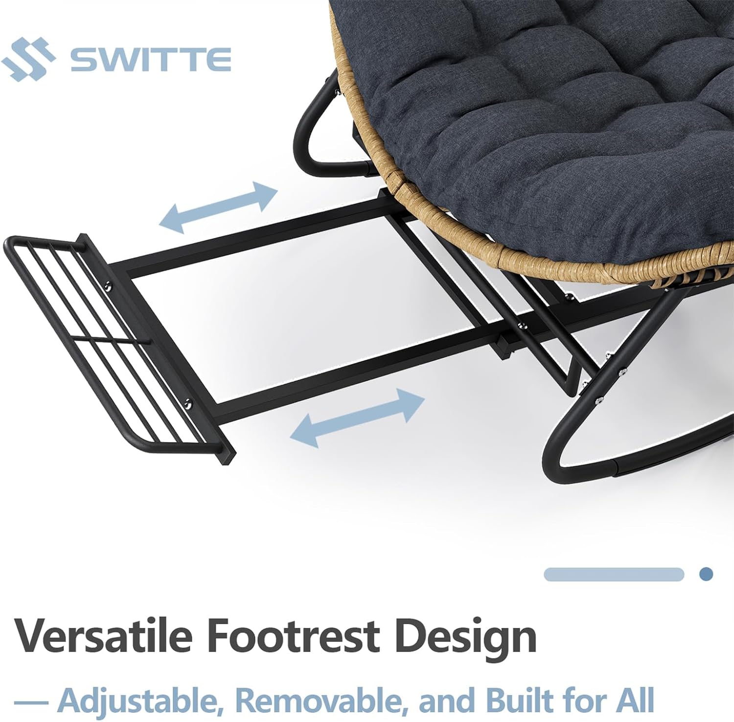 SWITTE Outdoor Rocking Chair with Footrest, Oversized Patio Papasan Rocker, Comfy Wicker Reading Lounge, Indoor Bed-Like Egg Chair for Bedroom,Balcony, Porch, Garden, Heather Gray