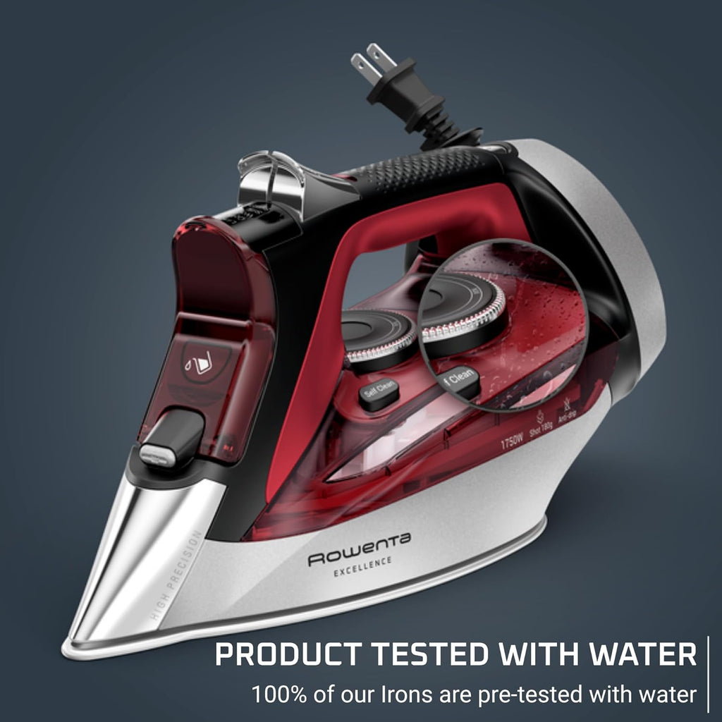 Rowenta Iron, Focus Excellence Stainless Steel Soleplate Steam Iron for Clothes, Retractable Cord, 400+ Microsteam Holes, Powerful steam, LED Display, 1750 W Ironing Clothes, Cordreel, Red DW5433