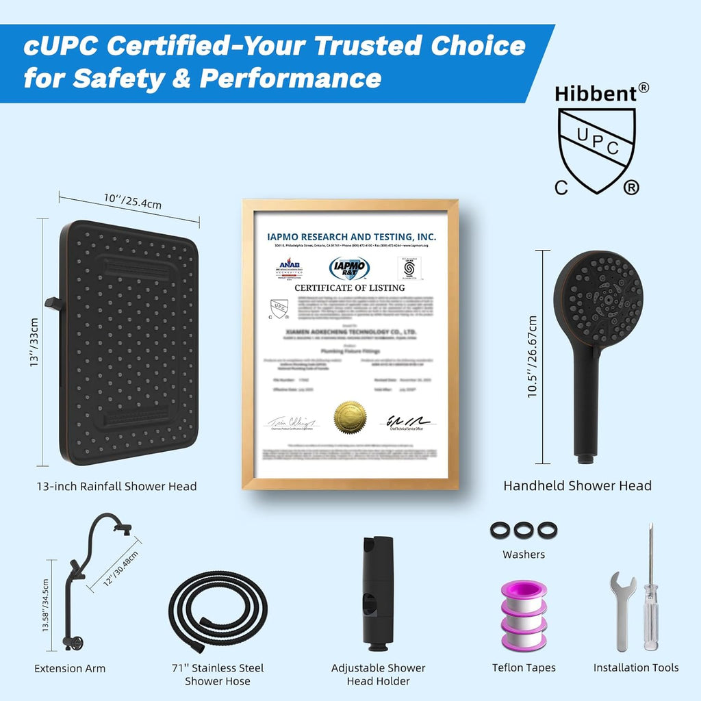 Hibbent cUPC Certified 13'' Shower Head Combo, High Pressure 5 Spray Rainfall Showerhead, 10 Spray Handheld, All Metal Easy Reach 4-way Diverter with Pause Mode, 71'' Hose & Holder, Oil-Rubbed Bronze
