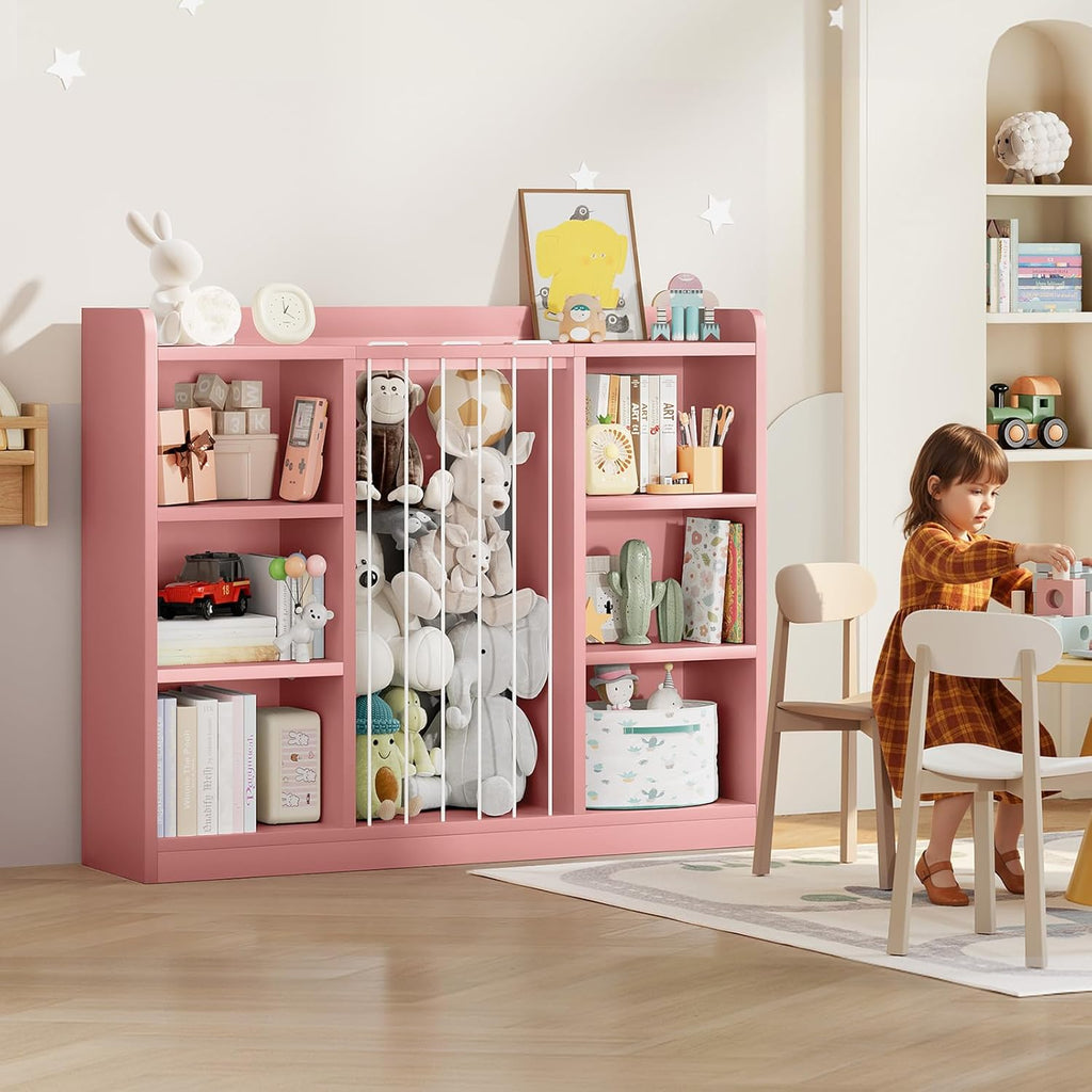 Toddler Stuffed Animal Zoo, Toy Storage Organizer for Playroom, Plush Toy Organizers and Storage, Book Shelf for Kids Rooms, Elastic Band Child Bookcase, Toy Shelf with 8 Storage Cubbies (Pink)