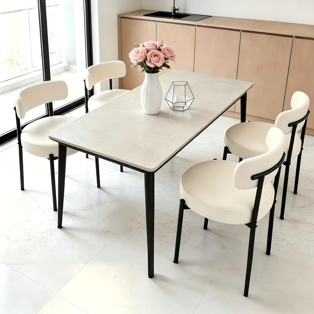 DYHOME Modern Dining Chairs Set of 4, PU Upholstered Dining Room Chairs, Metal Legs Kitchen Chairs, Mid Century Boucle Chair with Ergonomic Curved Backrest, Easy Assembly Cream