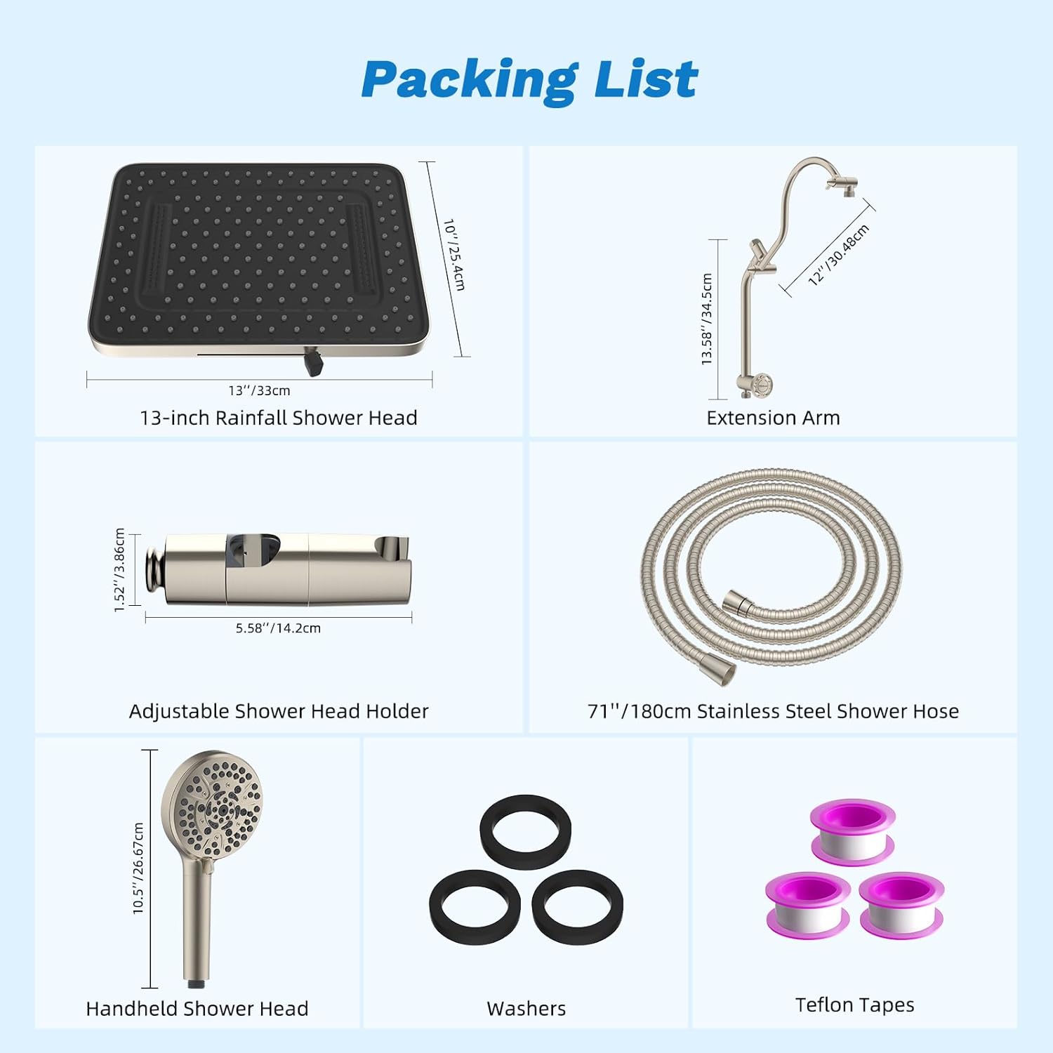 Hibbent cUPC Certified 13'' Shower Head Combo, High Pressure 5 Spray Rainfall Showerhead, 10 Spray Handheld, All Metal Easy Reach 4-way Diverter Arm with Pause Mode, 71'' Hose & Holder, Brushed Nickel