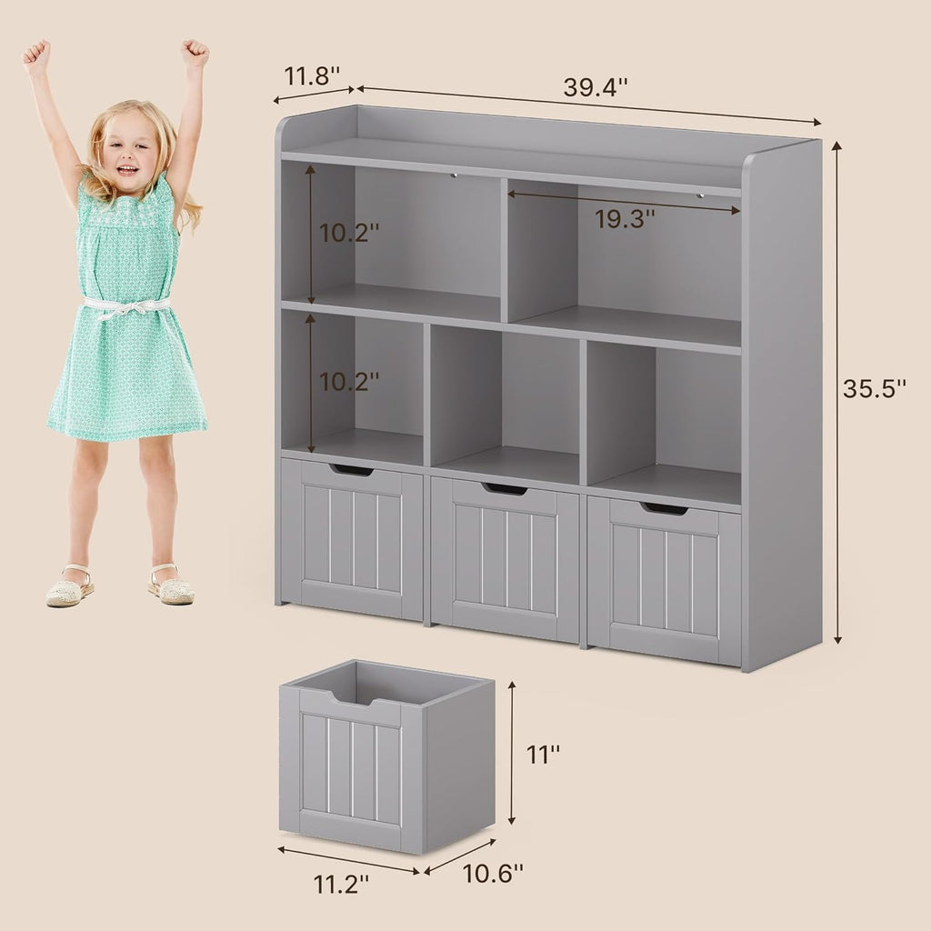 Gizoon Toy Storage Cabinet and Kids Bookcase with 3 Movable Drawers and 6 Open Shelves Featuring Fall Prevention Barrier for Playroom Nursery Kids Room Organization, Gray