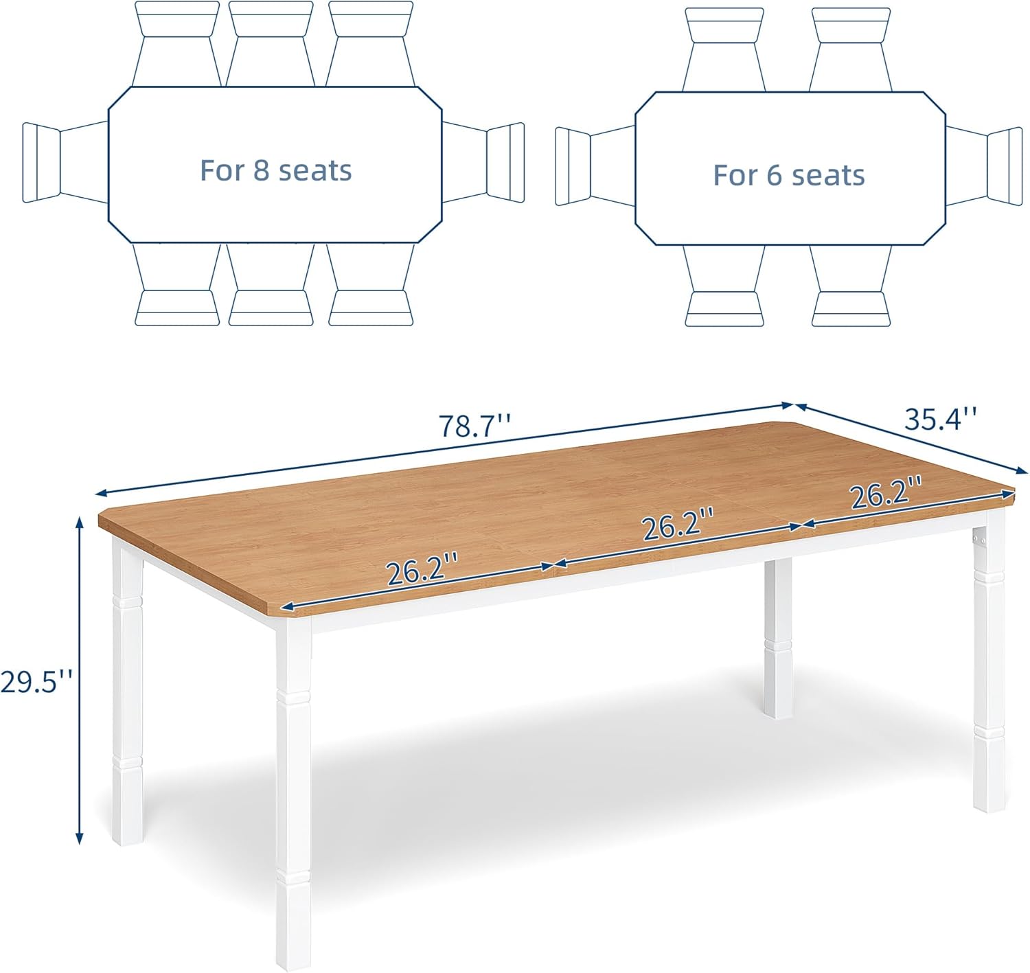 Garvee Large Dining Table for 6-8 People, 79" Wooden Kitchen Table with Sturdy Metal Frame, Dining Room Table for Dining Room, Kitchen, White Leg & Natural