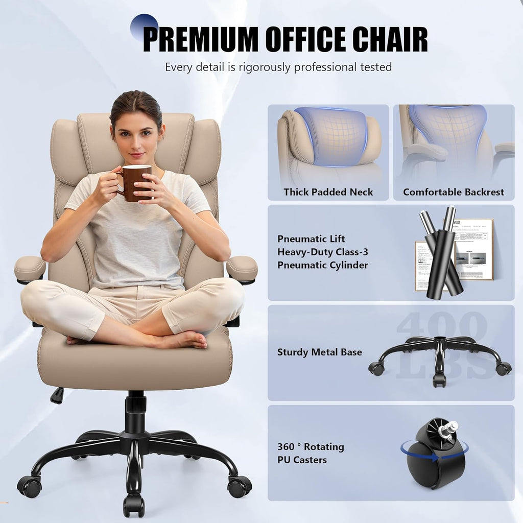 Primy Office Chair, Ergonomic Leather Desk Chair with Flip-up Armrests, Big and Tall High Back Executive Computer & Gaming Chair with Footrest, Comfy Padded, Rocking Function and Lumbar Support(Khaki)