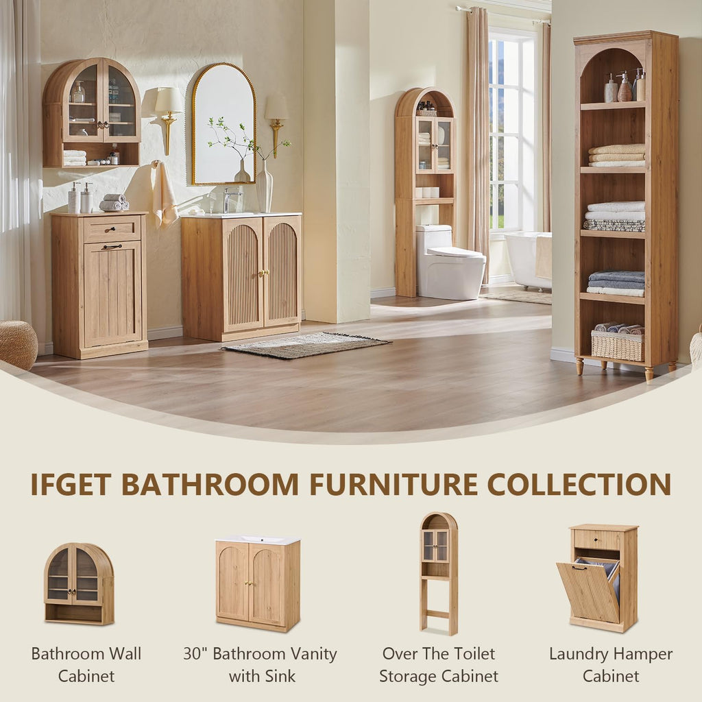 IFGET Arched Over The Toilet Storage Cabinet with Acrylic Doors, Modern Over Toilet Bathroom Organizer Shelf, Small Wooden Bathroom Storage Cabinet with Adjustable Shelf,Space Saver, Natural Oak