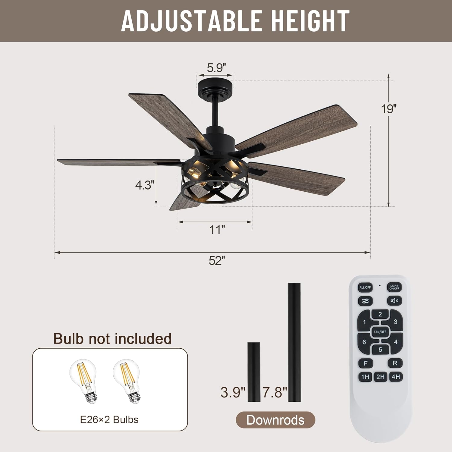 52" Farmhouse Ceiling Fan with Lights and Remote,Ceiling Fan with Caged Rustic Light Fixture,Reversible DC Motor,5 Double Finish Wood Blades for Patio,Living Room,Dining Room,Bedroom