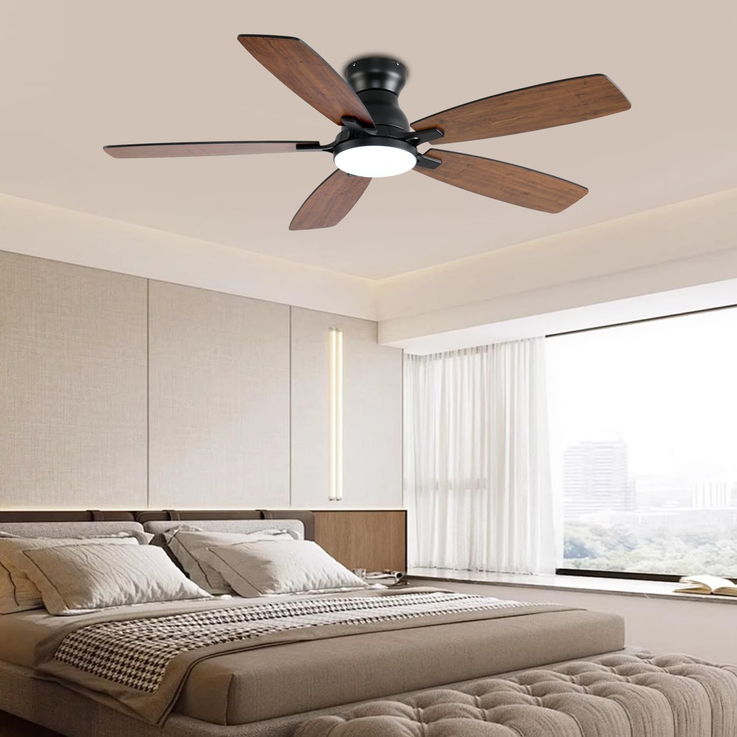 NKPU Ceiling Fans with Lights, Low Profile Ceiling Fan with Light and Remote/APP Control, DC Motor, Noiseless, Flush Mount, 52inch Brown Ceiling Fan for Bedroom Indoor/Outdoor Use
