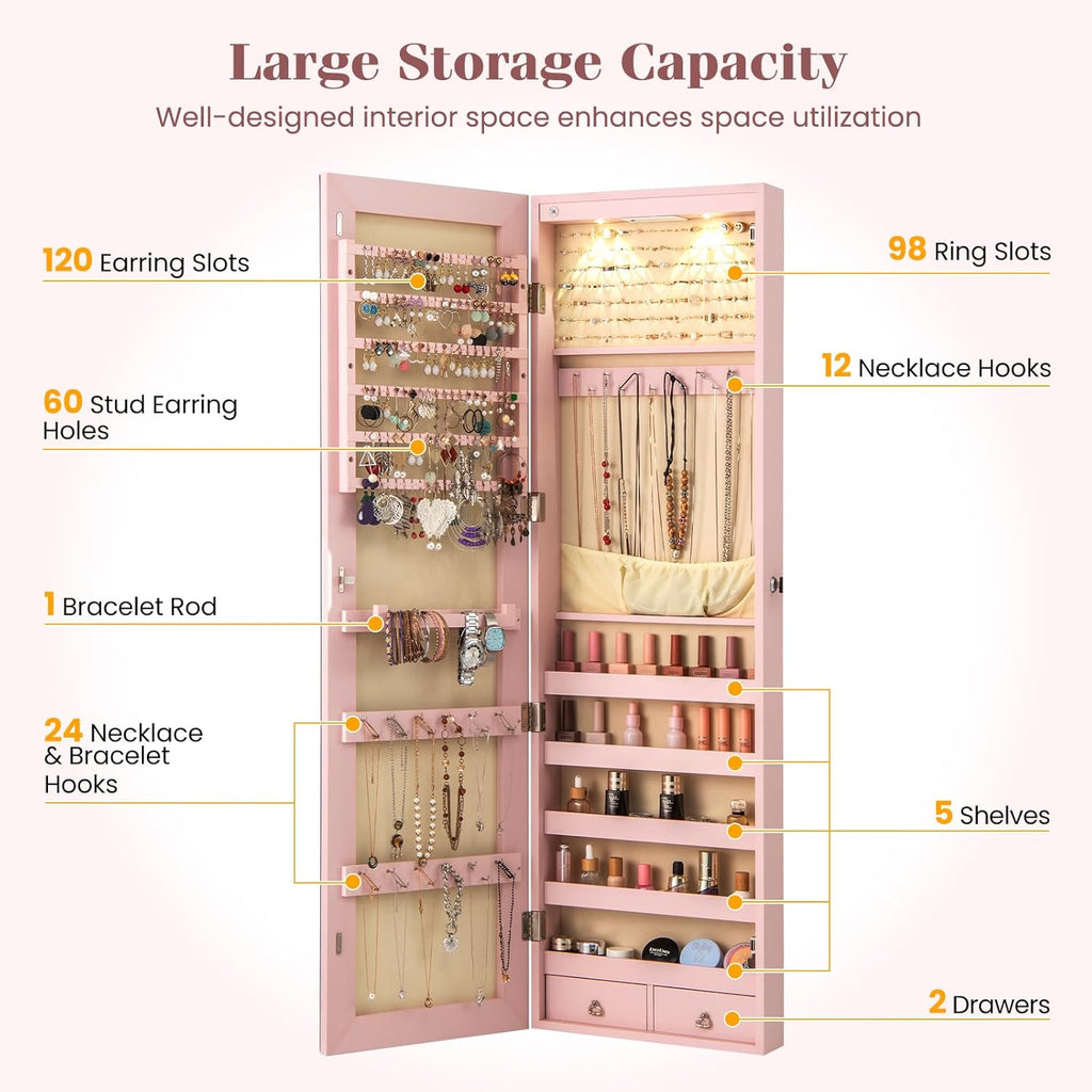 LDAILY Jewelry Armoire Wall or Door Mounted, Full-Length Mirror with Storage, Lockable Mirror Jewelry Cabinet w/ 2 Drawers, LED Lights, Over the Door Jewelry Organizer Box for Women Girls