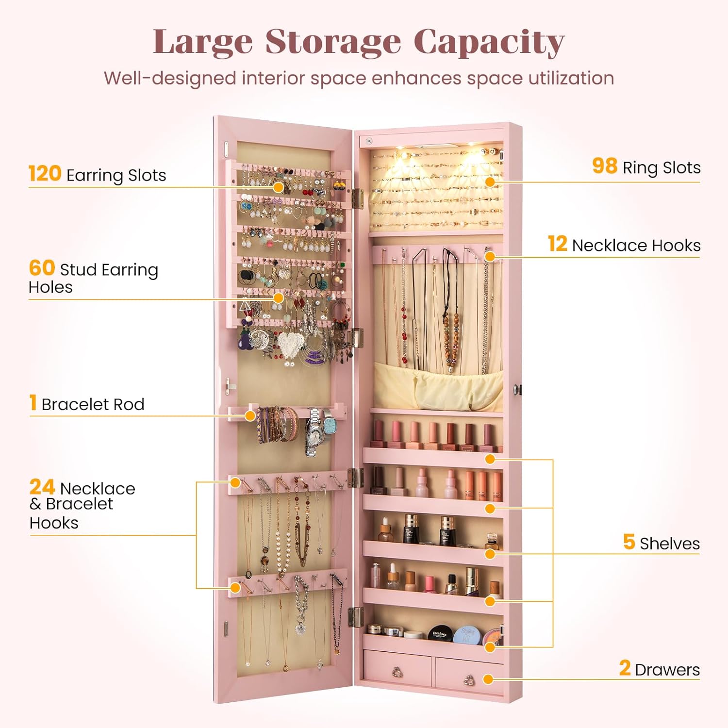 LDAILY Jewelry Armoire Wall or Door Mounted, Full-Length Mirror with Storage, Lockable Mirror Jewelry Cabinet w/ 2 Drawers, LED Lights, Over the Door Jewelry Organizer Box for Women Girls