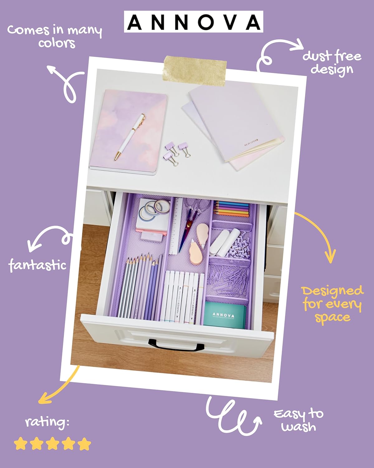 Annova Desk Top Organizer/Storage Tray - Metal Mesh with Dividers for Pens, Desktop Accessories, Bathroom, Kitchen, Makeup and Office Supplies (Large, Light Purple)