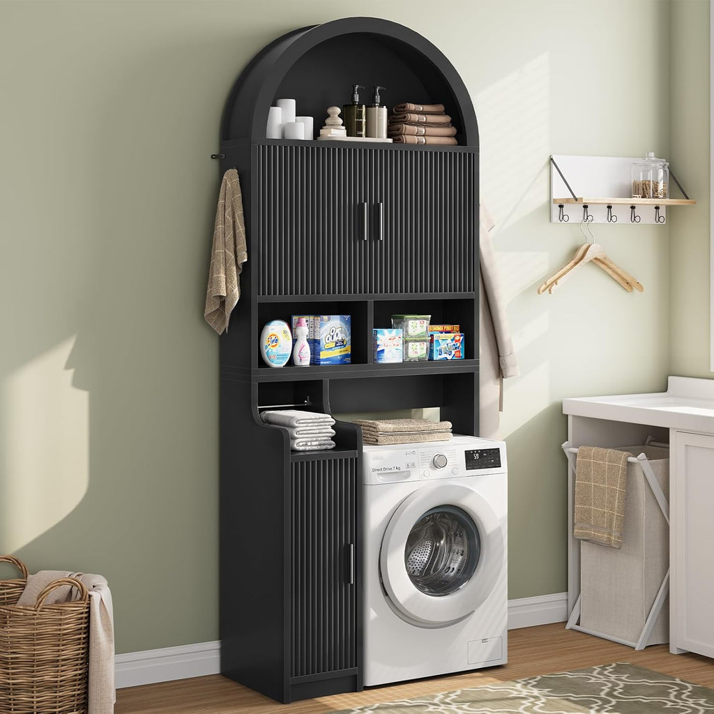 Itaar Arched Over The Toilet Storage Cabinet, 78.7" H Fluted Bathroom Organizer with Reversible Side Cabinet, Adjustable Shelves, Anti-Tipping, Hooks & Paper Holder for Bathroom Laundry Room, Black