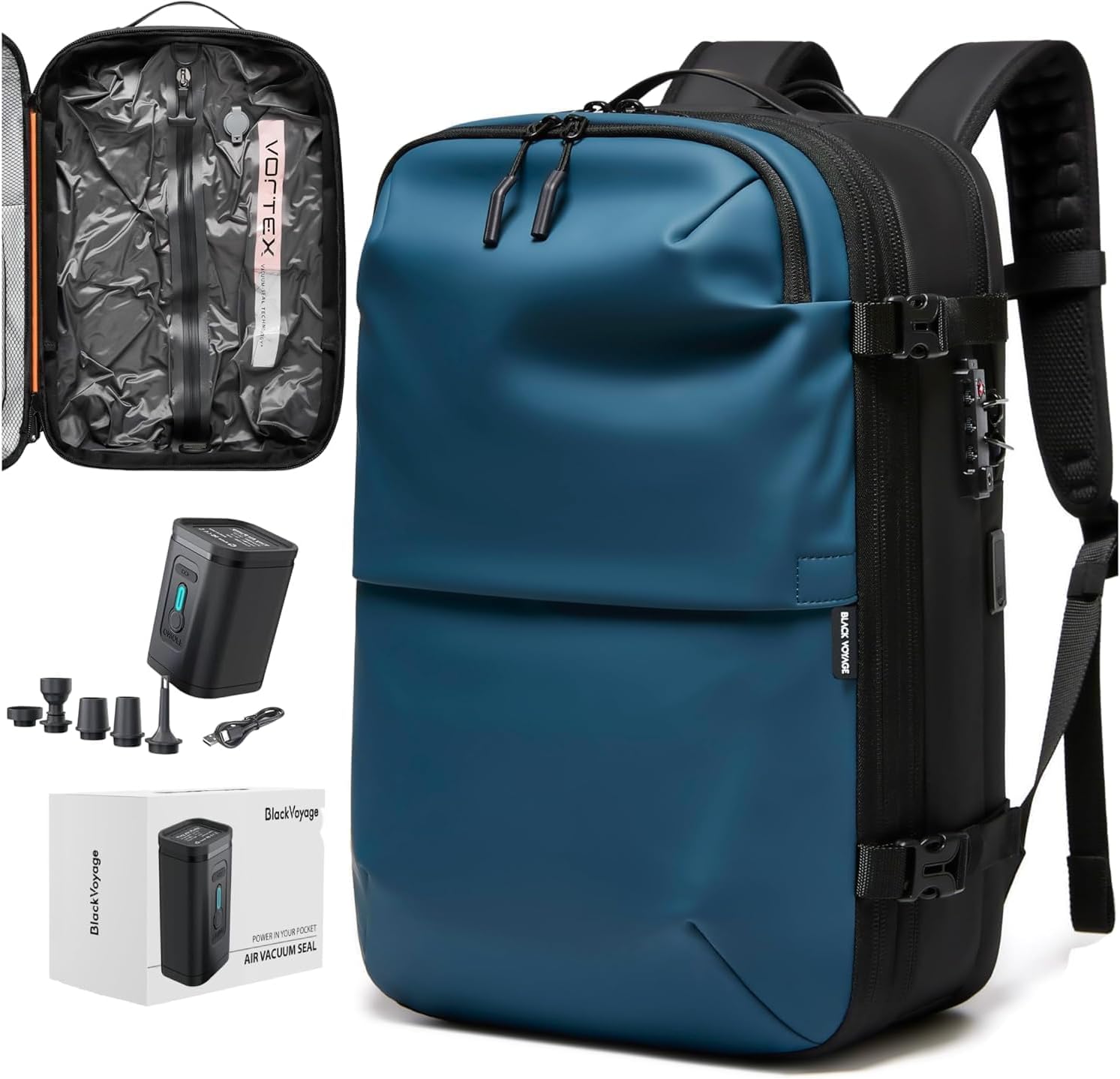 BlackVoyage Vortex Vacuum Seal Travel Backpack 60L Expandable Air Compression System Water Resistant TSA Lock Carry-On Suitcase Luggage Blue AERO - Vacuum Pump Included