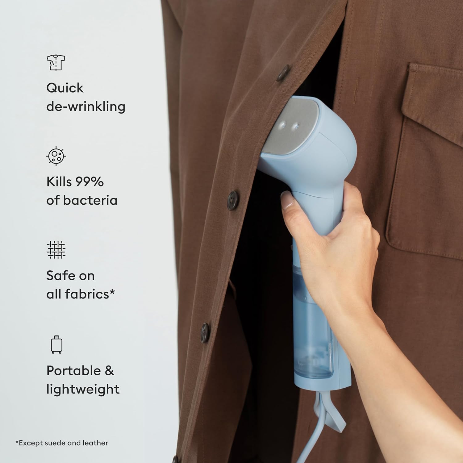 Steamery Handheld Clothes Steamer Cirrus Core, 1350W, Steam Output 0.74 oz/min, Heat up in 15 Seconds, Dry Steam Technology, Hanging Loop, Visible Water Tank, Portable, Scandinavian Design (Blue)